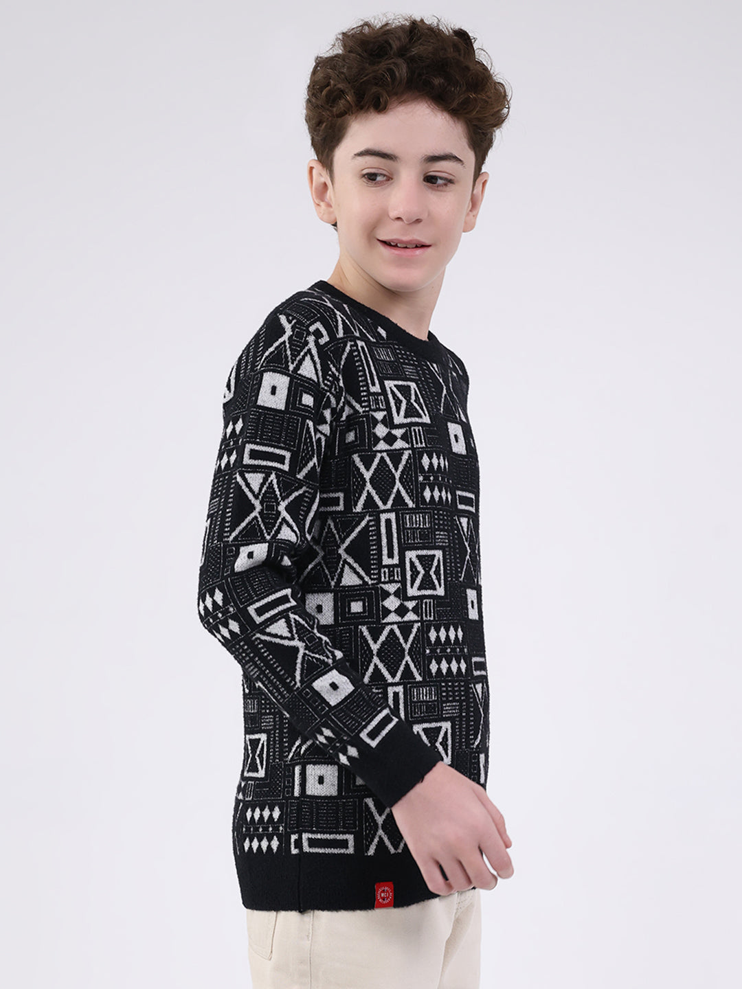 Boys Black Printed Round Neck Full Sleeve Pullover