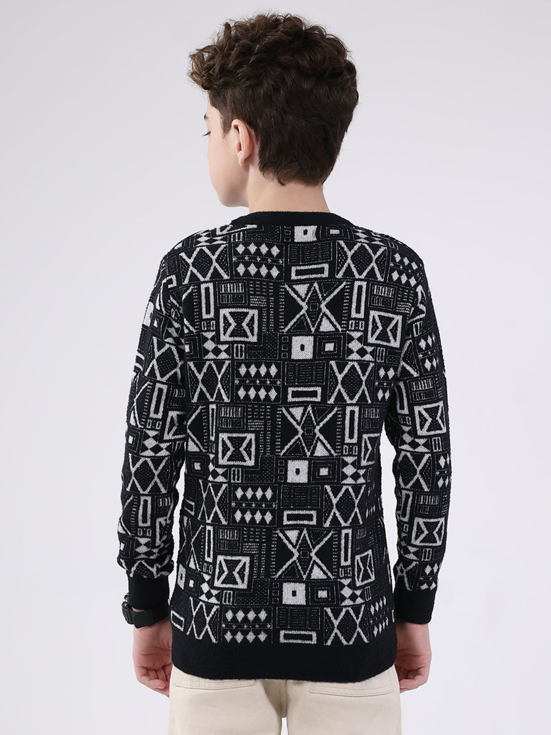 Boys Black Printed Round Neck Full Sleeve Pullover