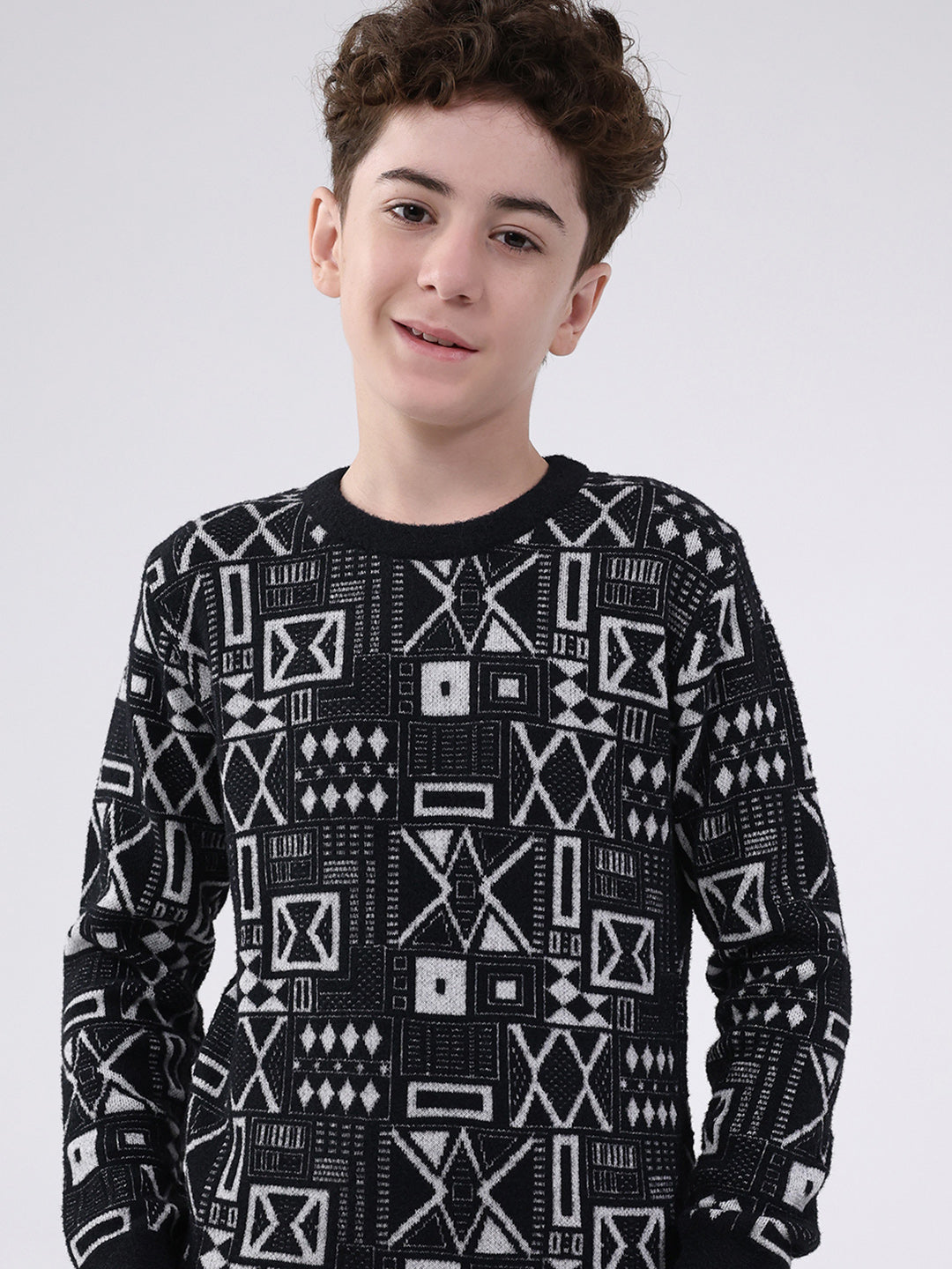 Boys Black Printed Round Neck Full Sleeve Pullover