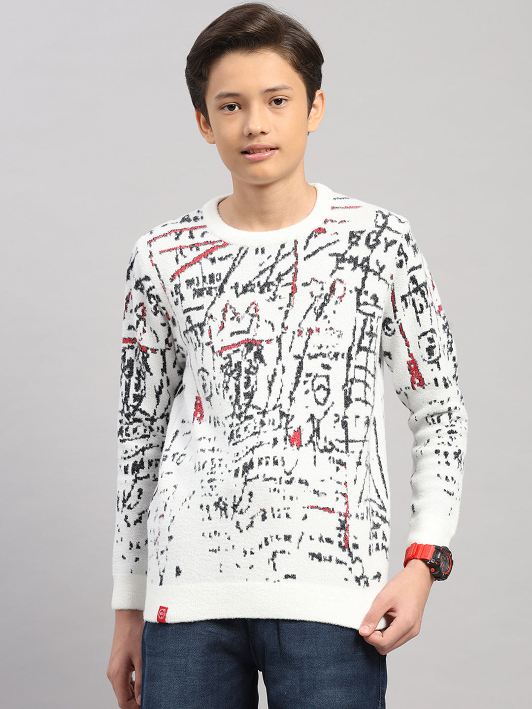 Boys Off White Stripe Round Neck Full Sleeve Pullover