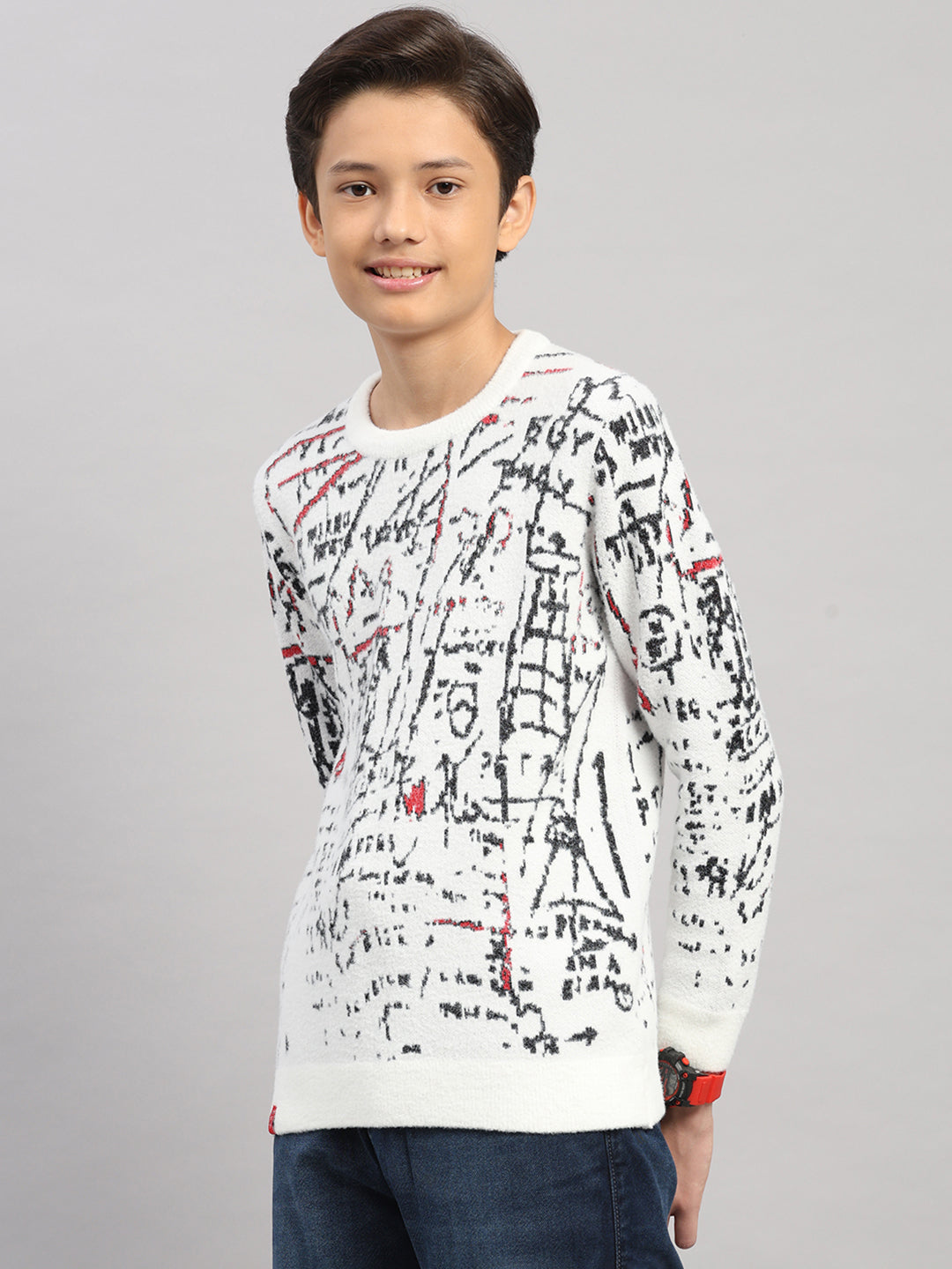 Boys Off White Stripe Round Neck Full Sleeve Pullover