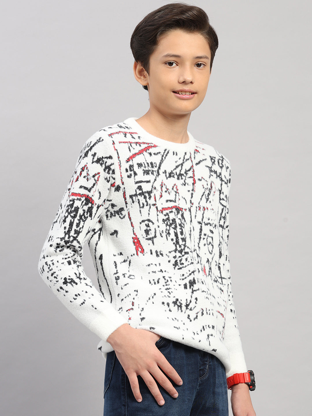 Boys Off White Stripe Round Neck Full Sleeve Pullover
