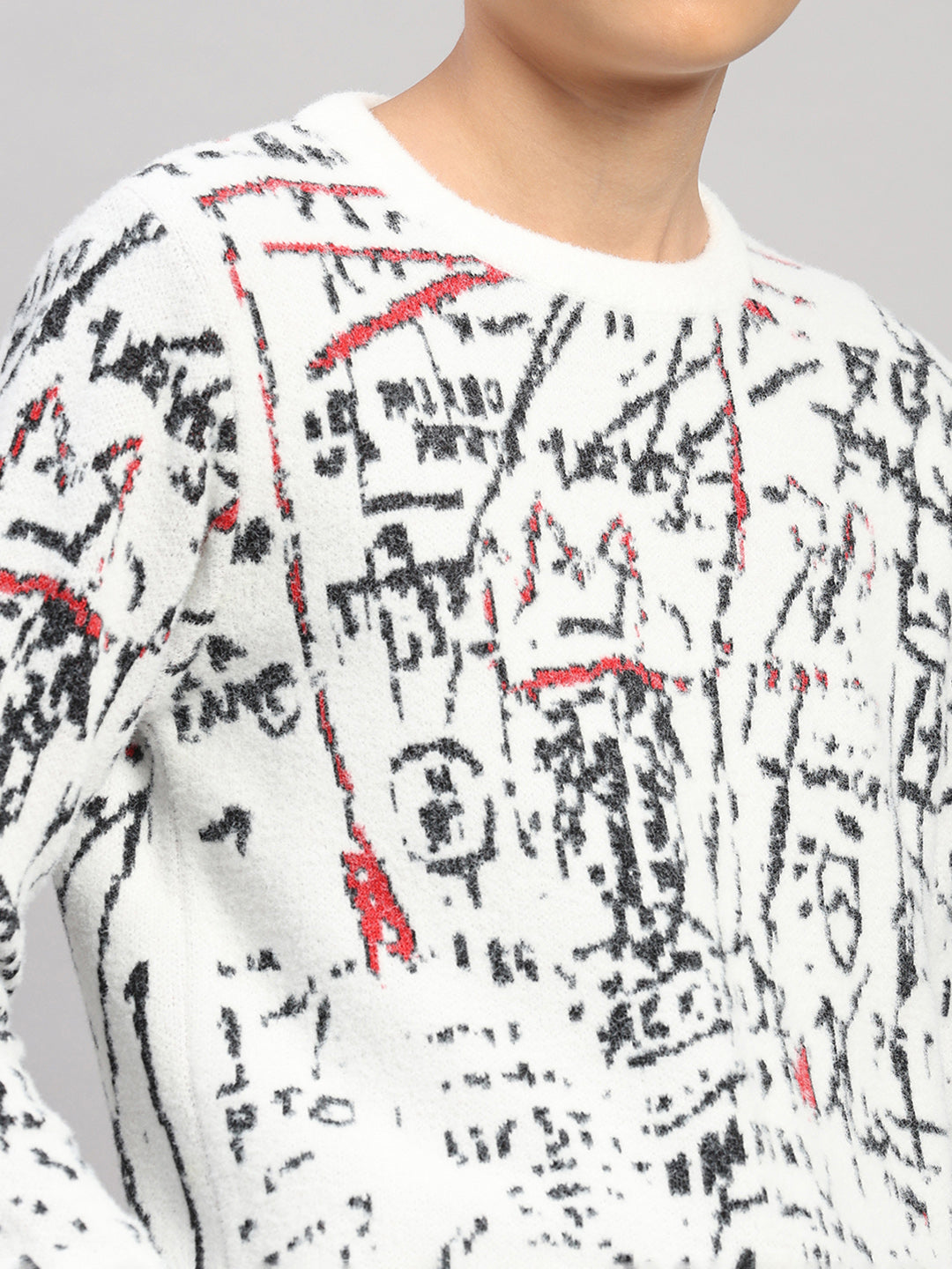 Boys Off White Stripe Round Neck Full Sleeve Pullover