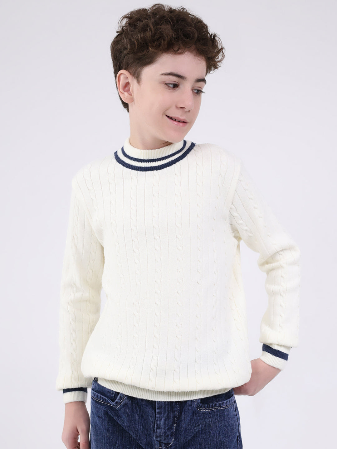 Boys Off White Self Design Round Neck Full Sleeve Pullover