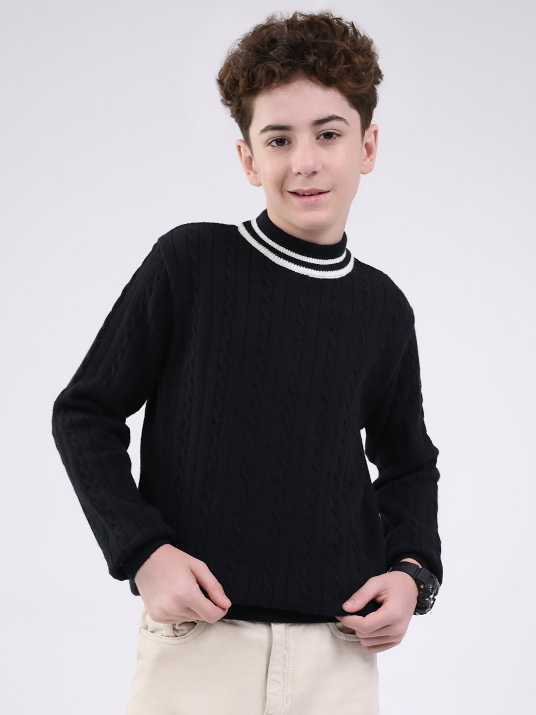 Boys Black Self Design Round Neck Full Sleeve Pullover