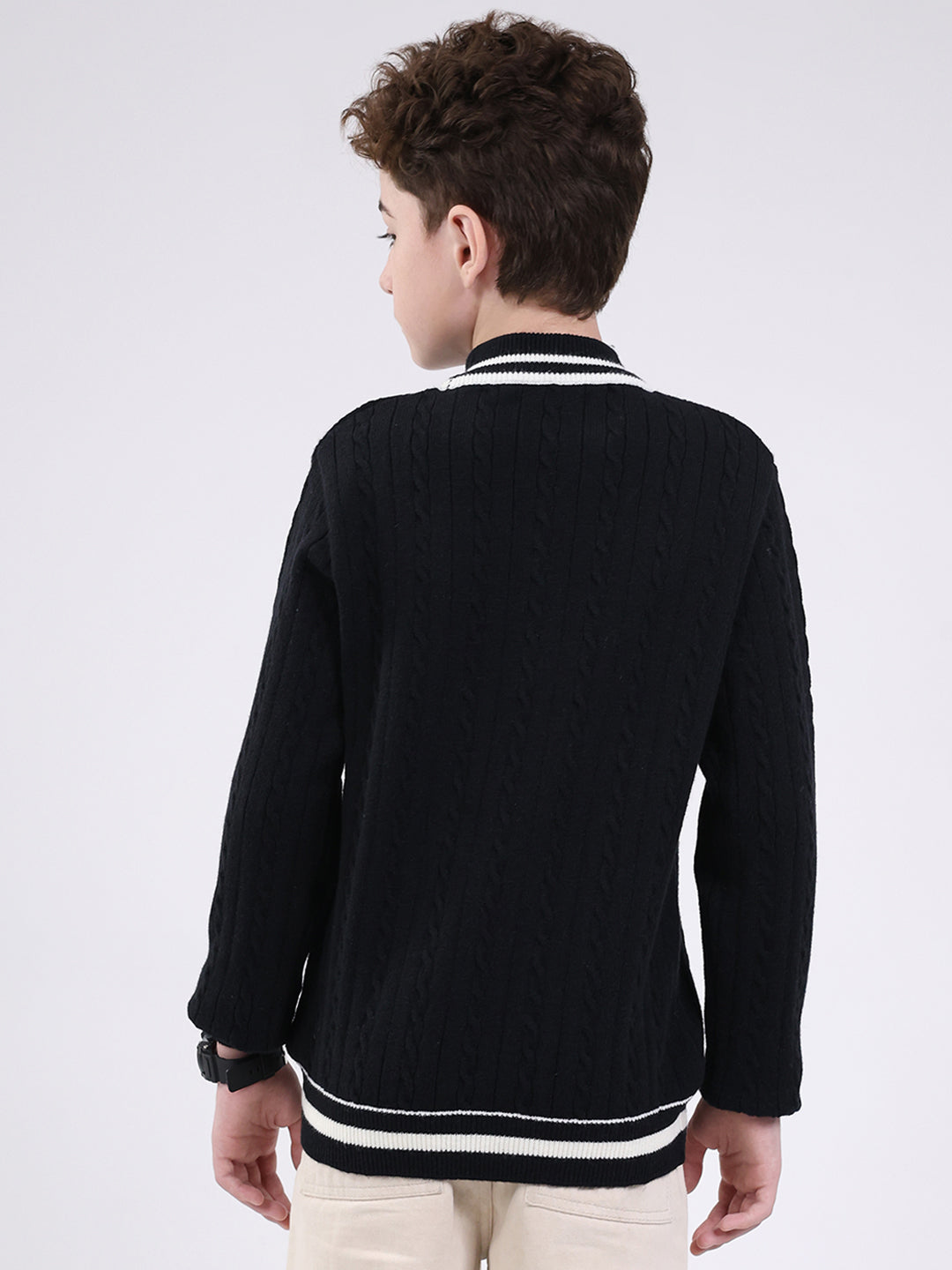 Boys Black Self Design Round Neck Full Sleeve Pullover
