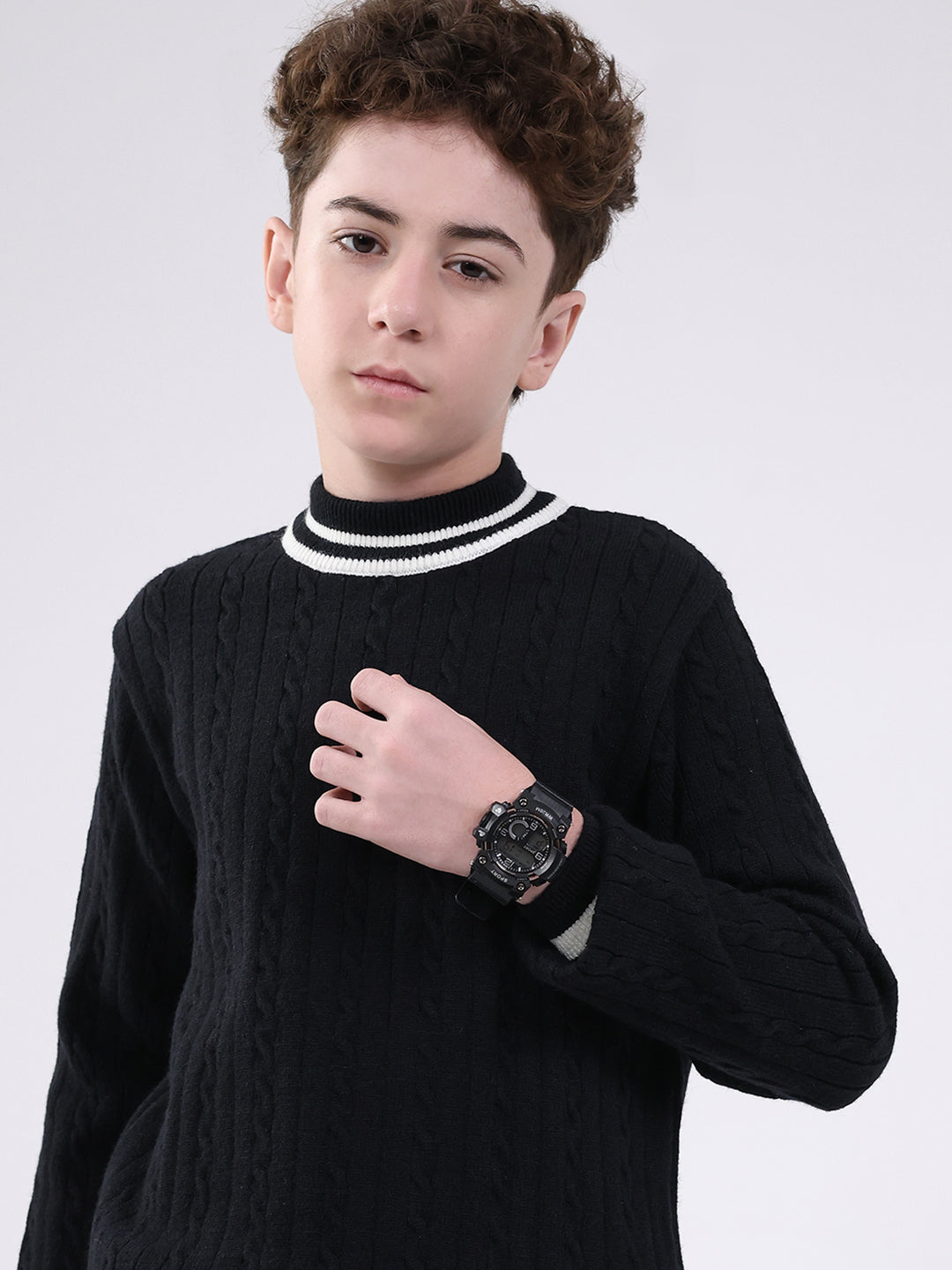 Boys Black Self Design Round Neck Full Sleeve Pullover