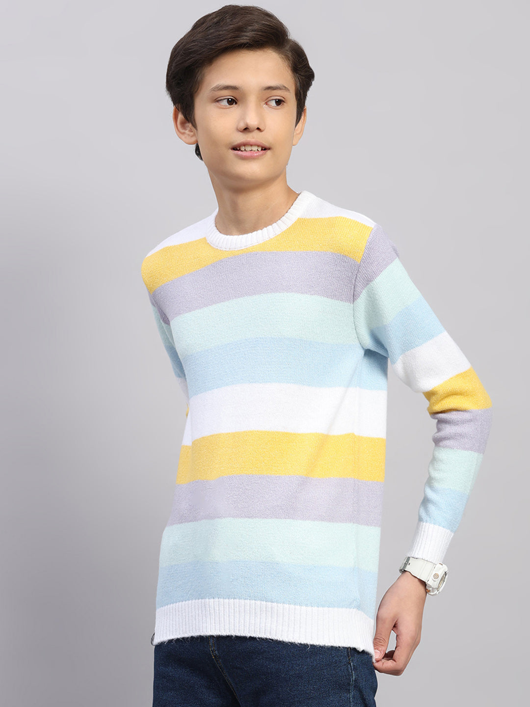 Boys Blue Stripe Round Neck Full Sleeve Pullover