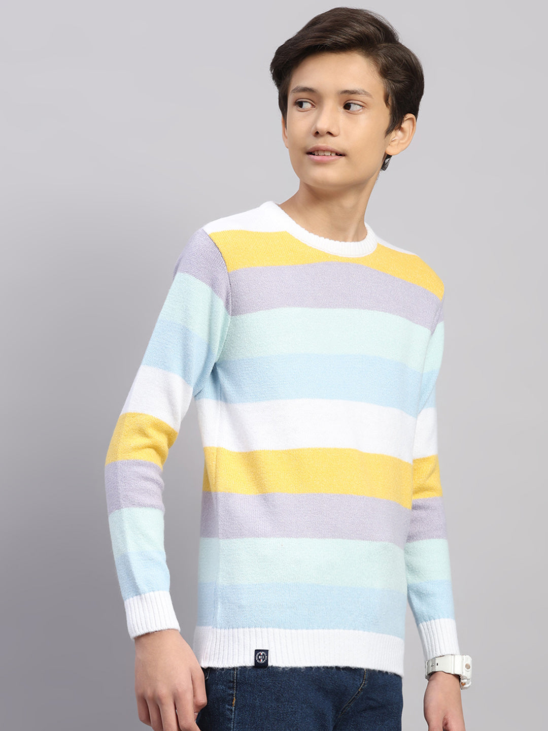 Boys Blue Stripe Round Neck Full Sleeve Pullover