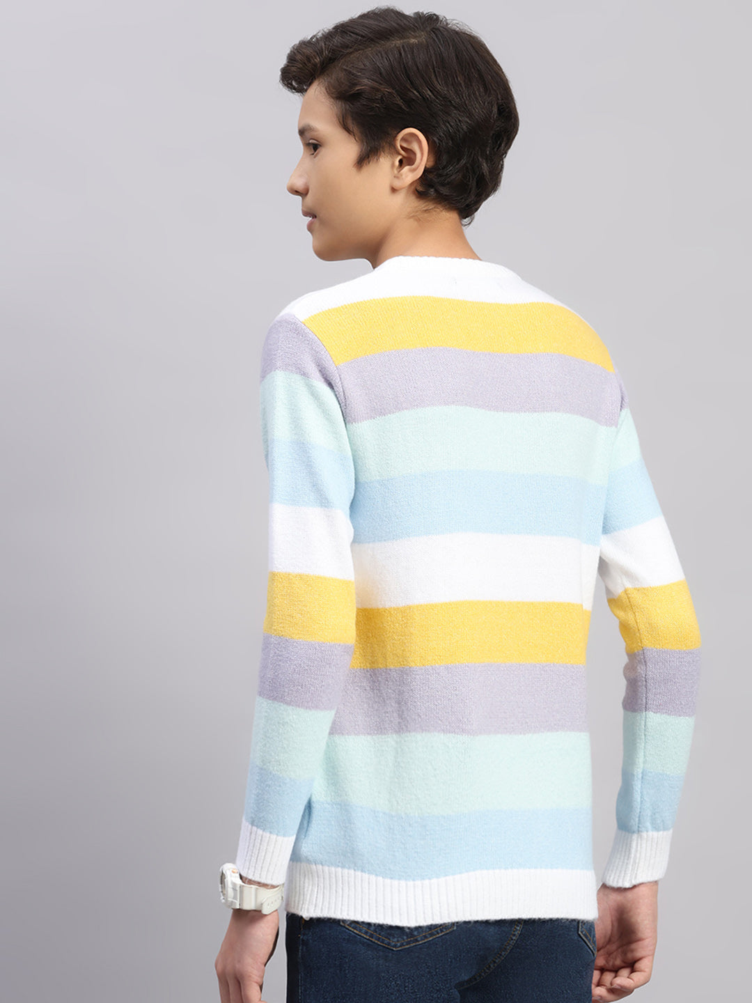 Boys Blue Stripe Round Neck Full Sleeve Pullover