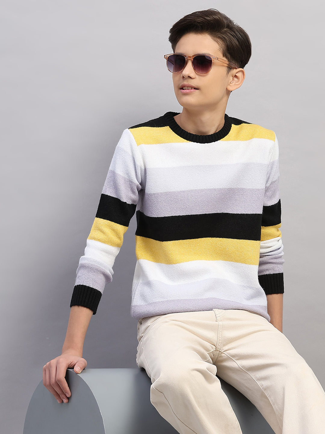 Boys Purple Stripe Round Neck Full Sleeve Pullover