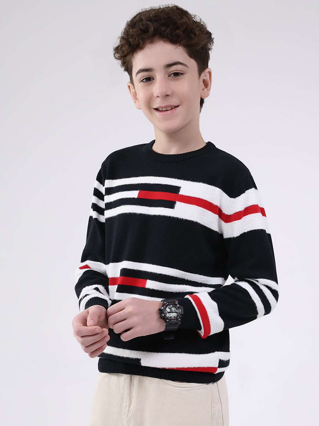 Boys Navy Blue Self Design Round Neck Full Sleeve Pullover