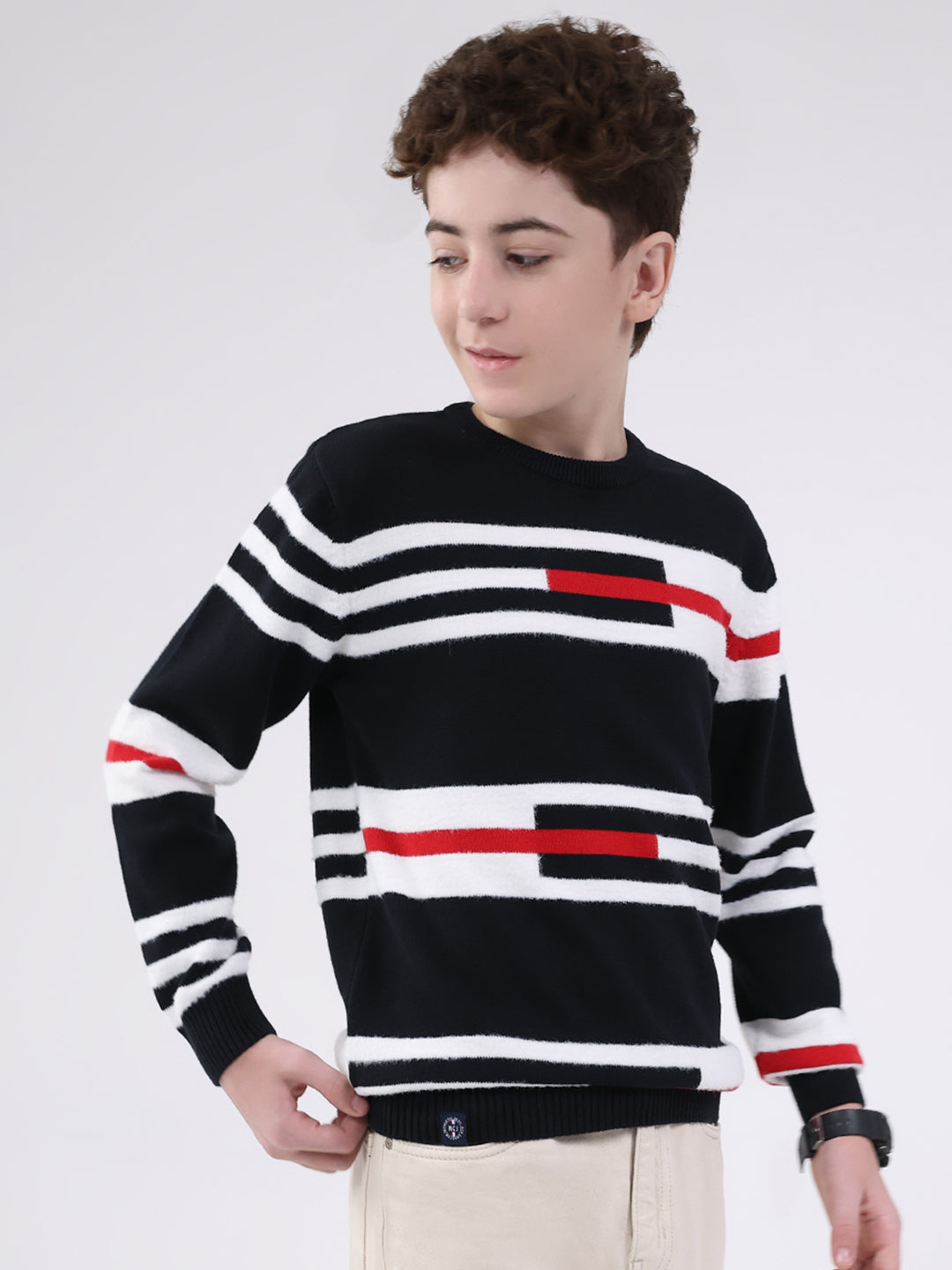 Boys Navy Blue Self Design Round Neck Full Sleeve Pullover