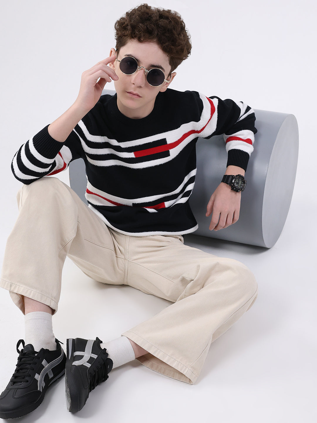 Boys Navy Blue Self Design Round Neck Full Sleeve Pullover