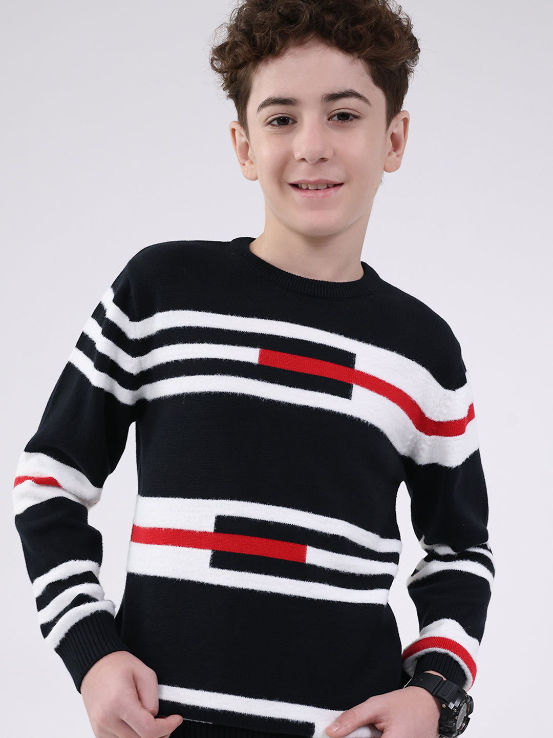 Boys Navy Blue Self Design Round Neck Full Sleeve Pullover