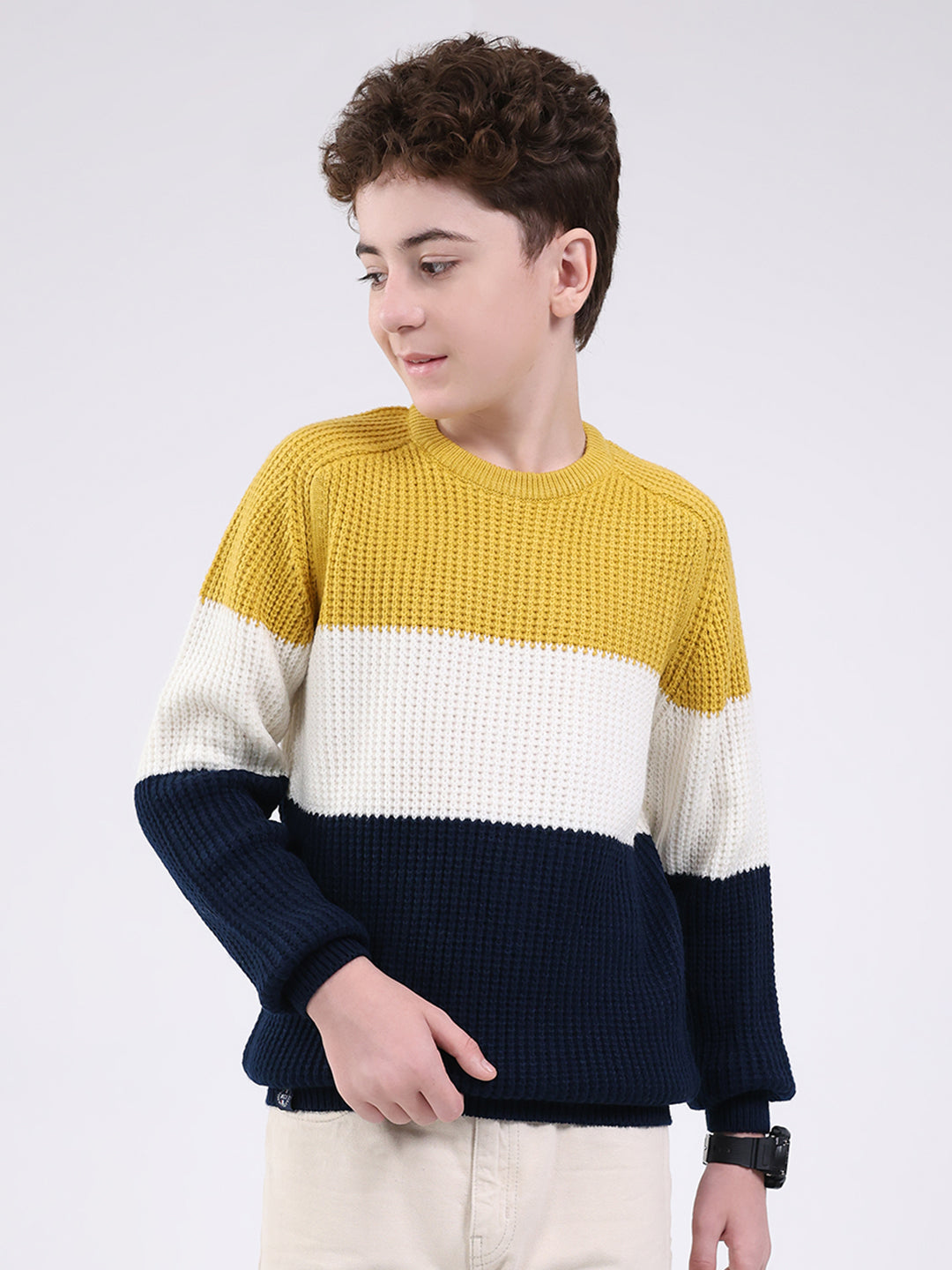 Boys Mustard Self Design Round Neck Full Sleeve Pullover