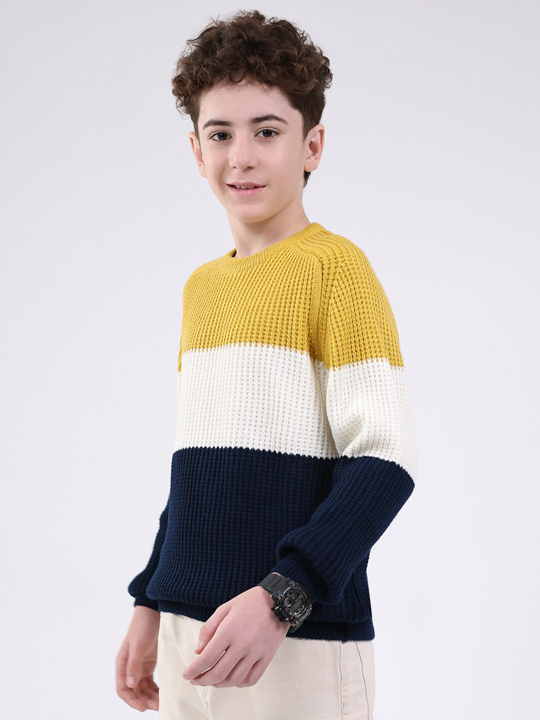 Boys Mustard Self Design Round Neck Full Sleeve Pullover