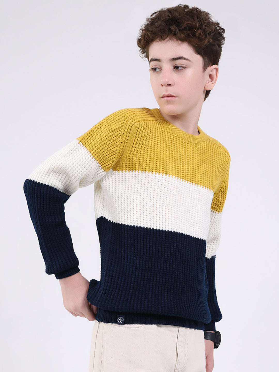 Boys Mustard Self Design Round Neck Full Sleeve Pullover