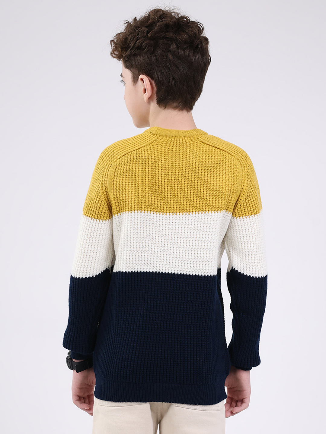 Boys Mustard Self Design Round Neck Full Sleeve Pullover