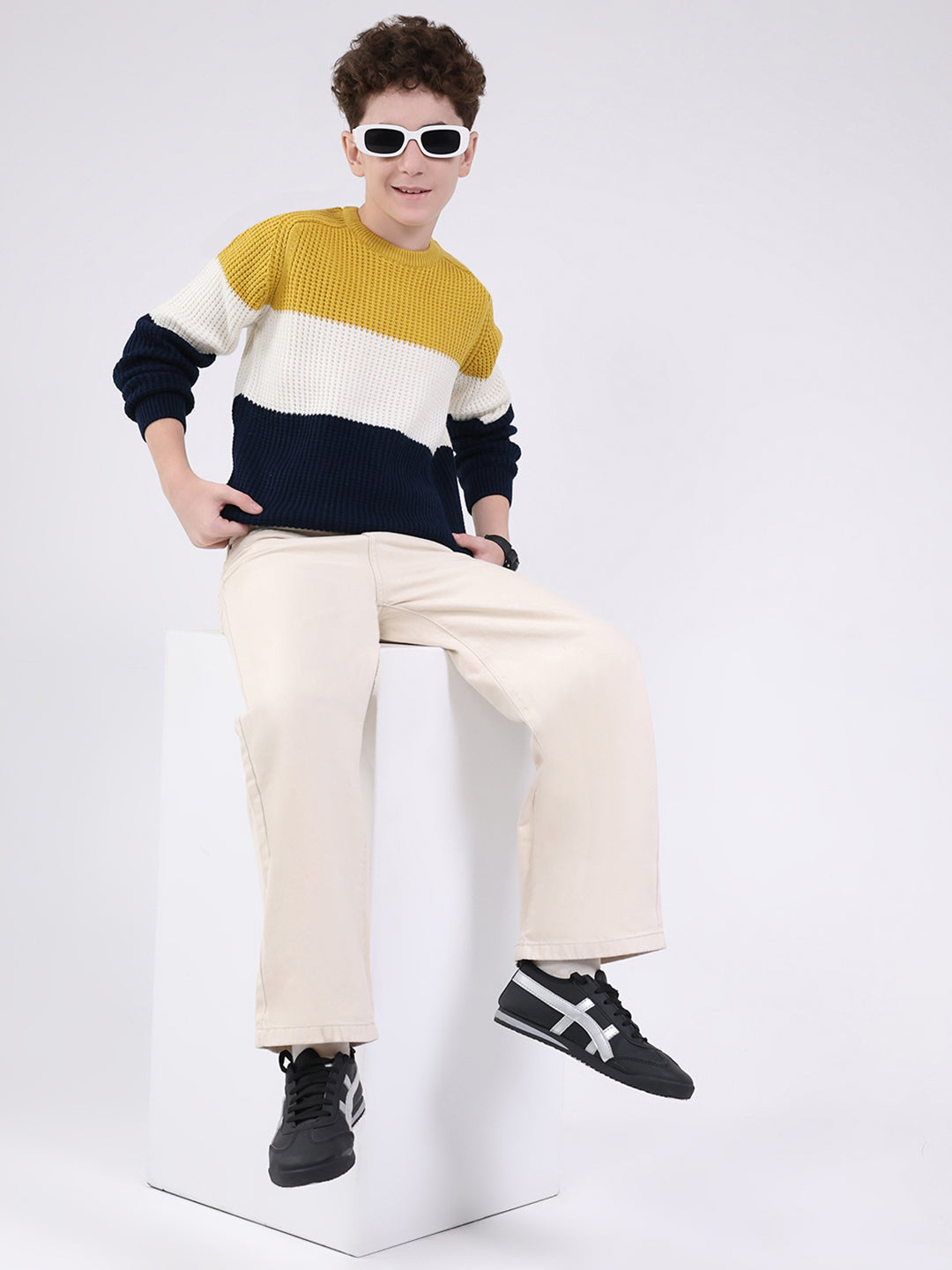 Boys Mustard Self Design Round Neck Full Sleeve Pullover