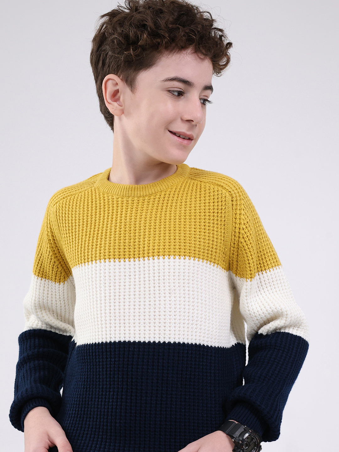 Boys Mustard Self Design Round Neck Full Sleeve Pullover