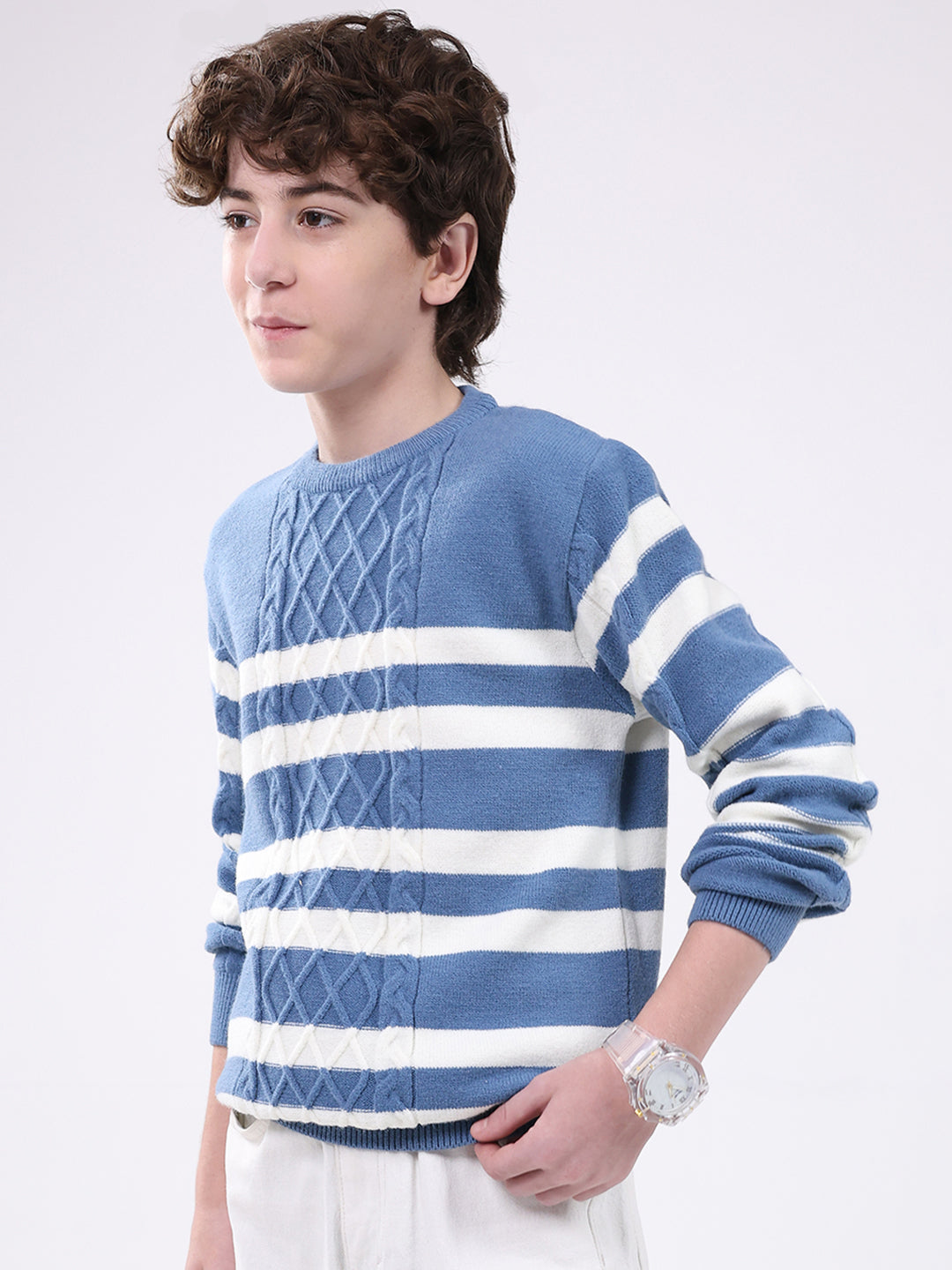 Boys Blue Self Design Round Neck Full Sleeve Pullover