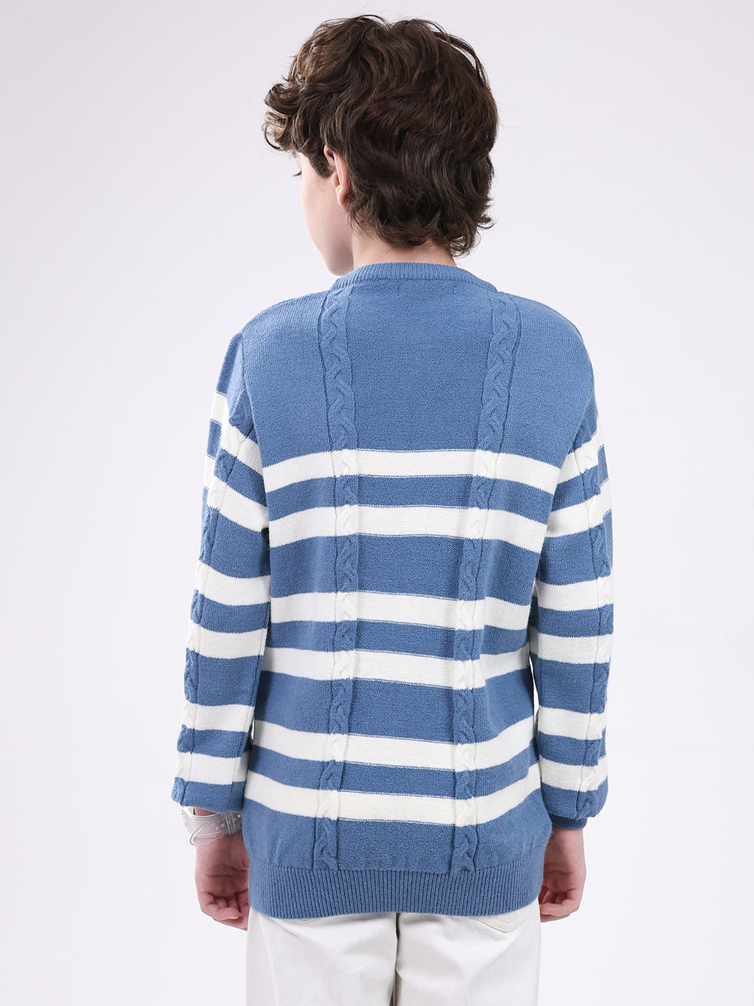 Boys Blue Self Design Round Neck Full Sleeve Pullover