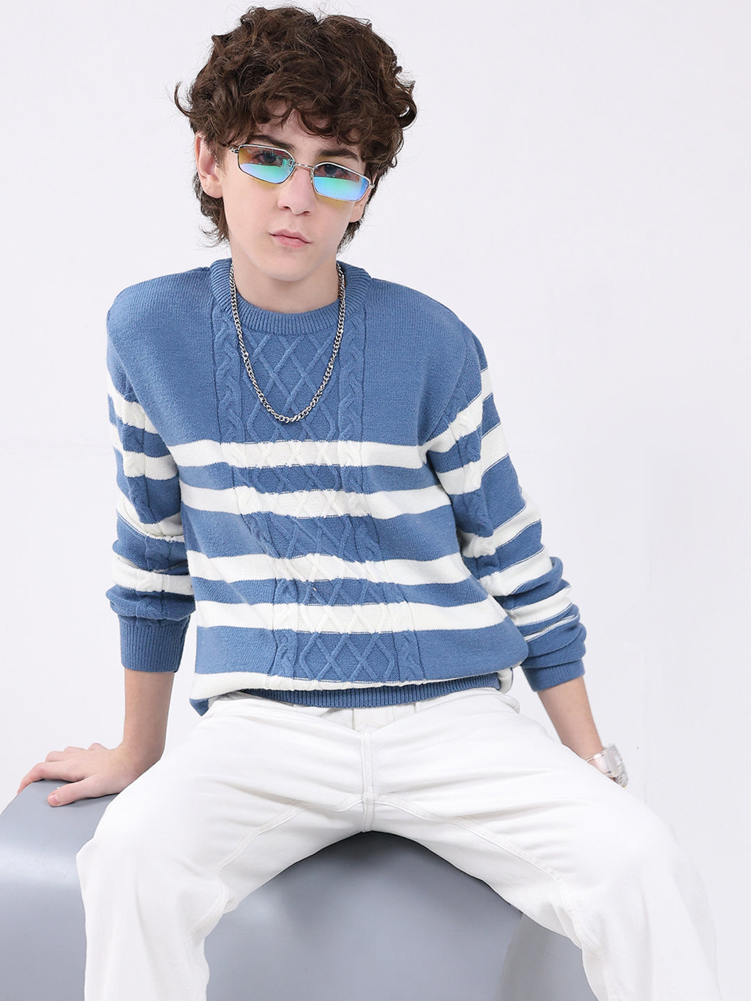 Boys Blue Self Design Round Neck Full Sleeve Pullover