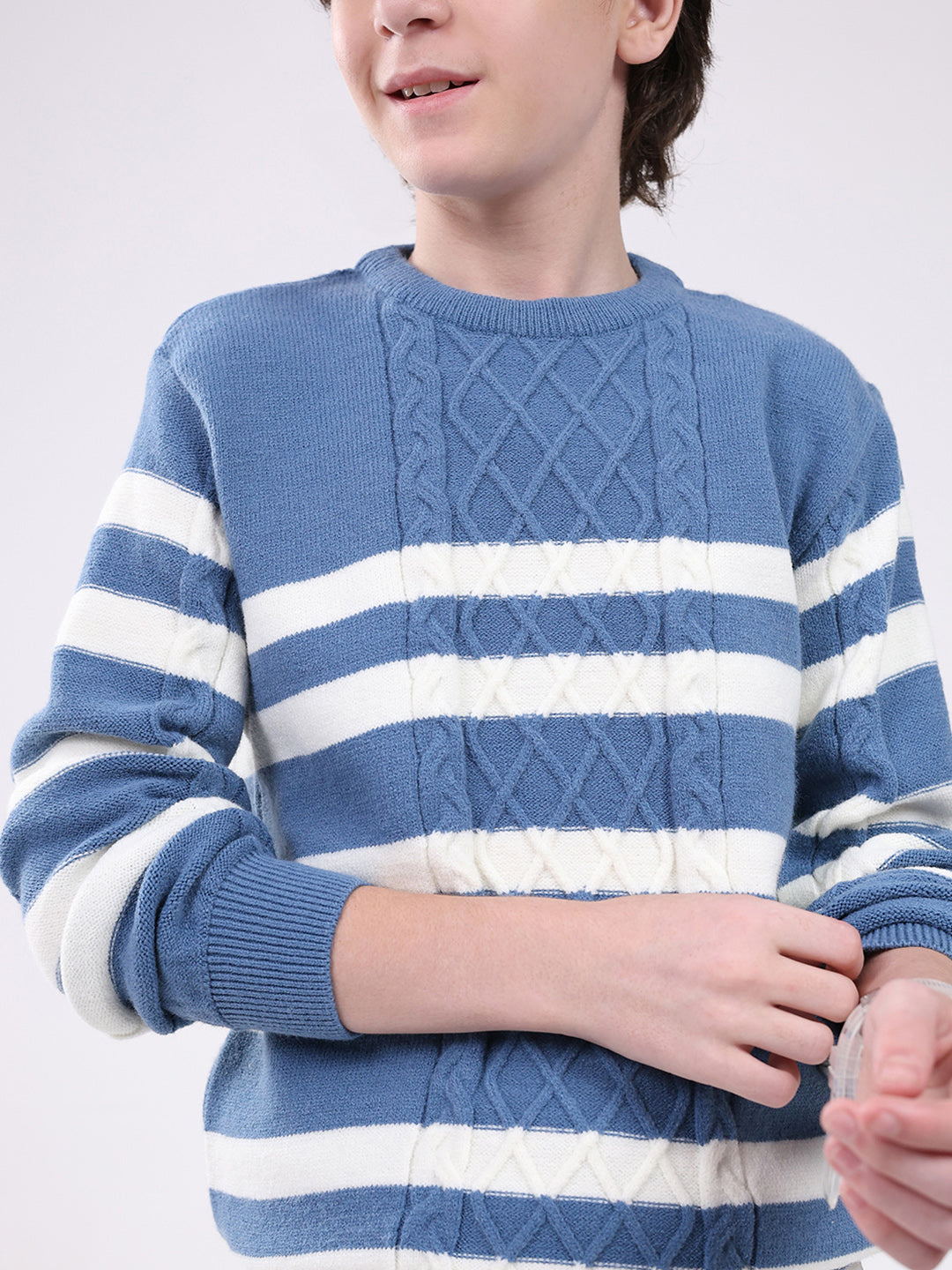 Boys Blue Self Design Round Neck Full Sleeve Pullover