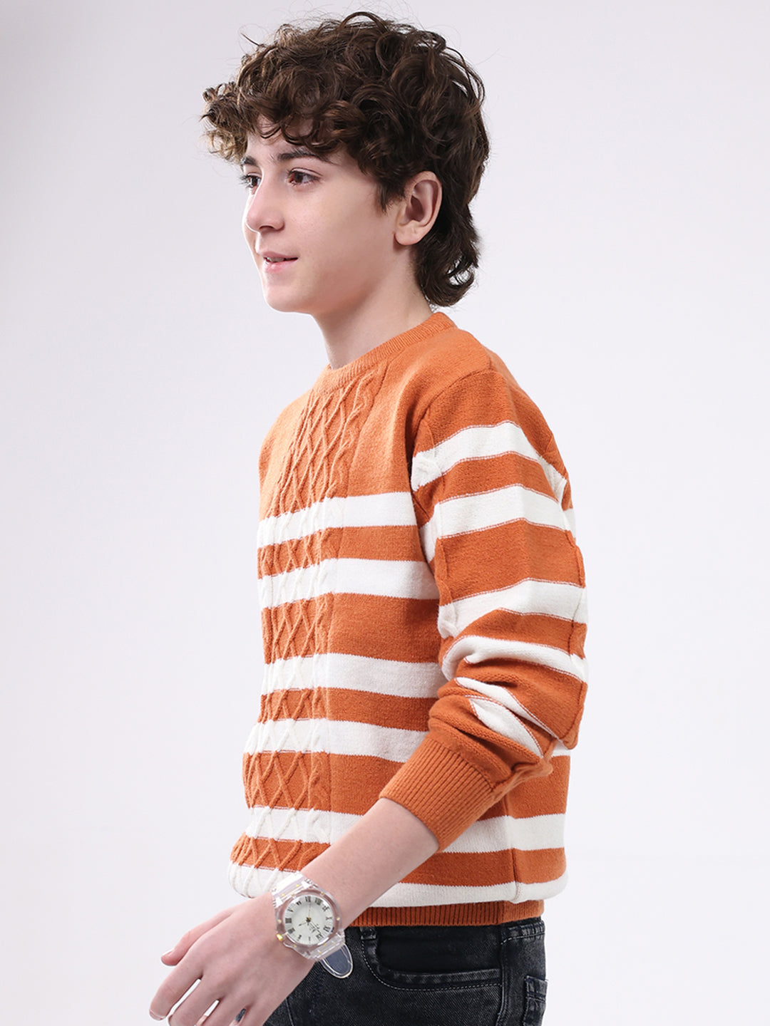 Boys Rust Self Design Round Neck Full Sleeve Pullover