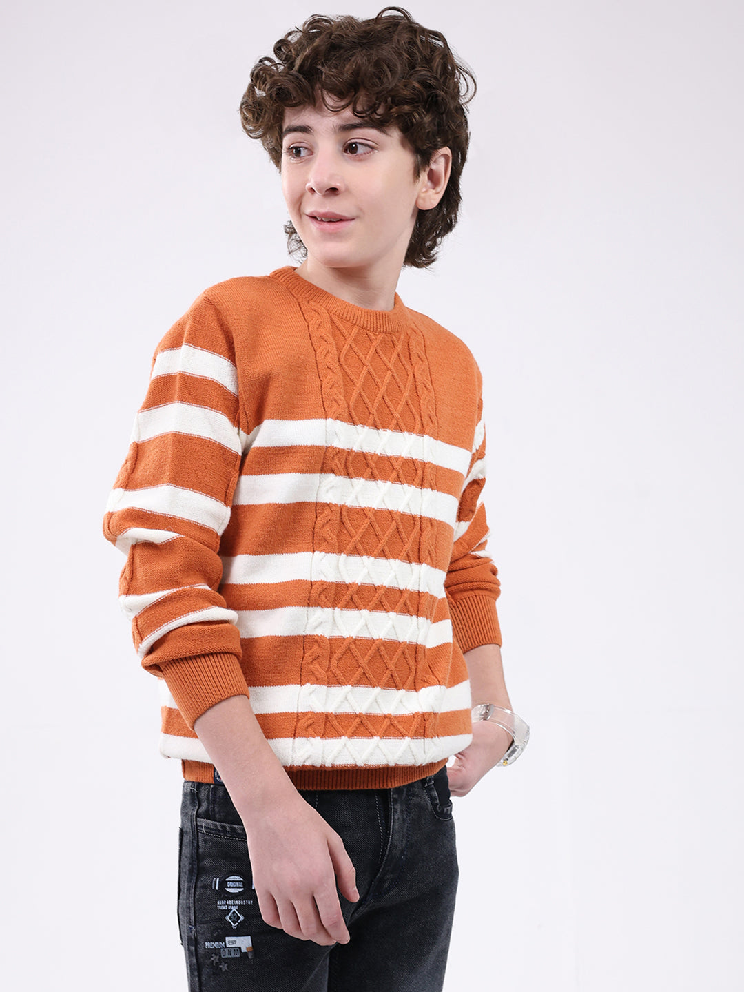 Boys Rust Self Design Round Neck Full Sleeve Pullover