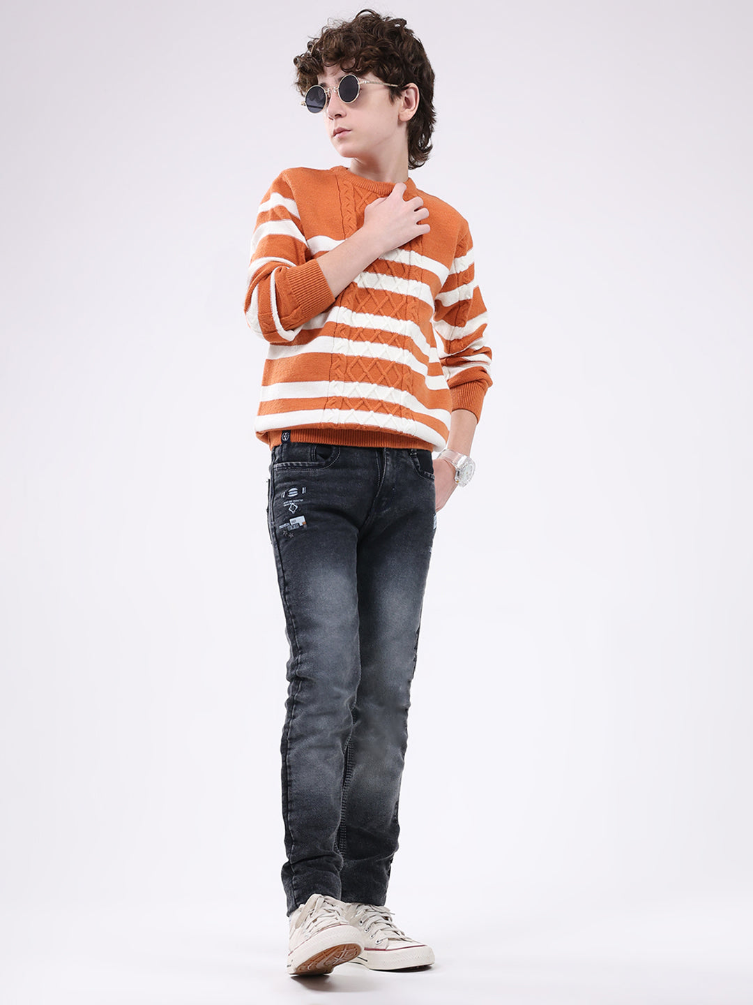 Boys Rust Self Design Round Neck Full Sleeve Pullover
