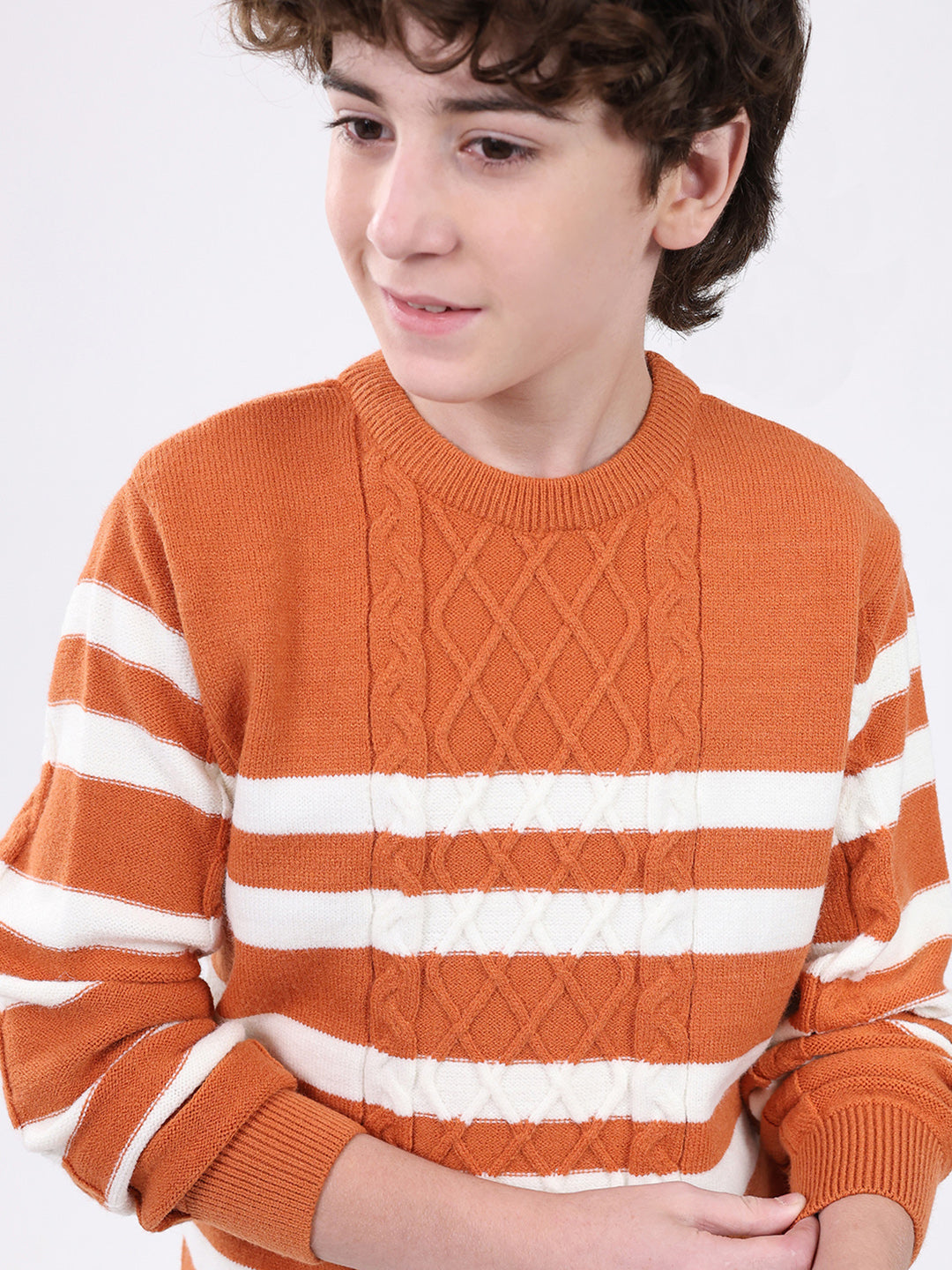 Boys Rust Self Design Round Neck Full Sleeve Pullover