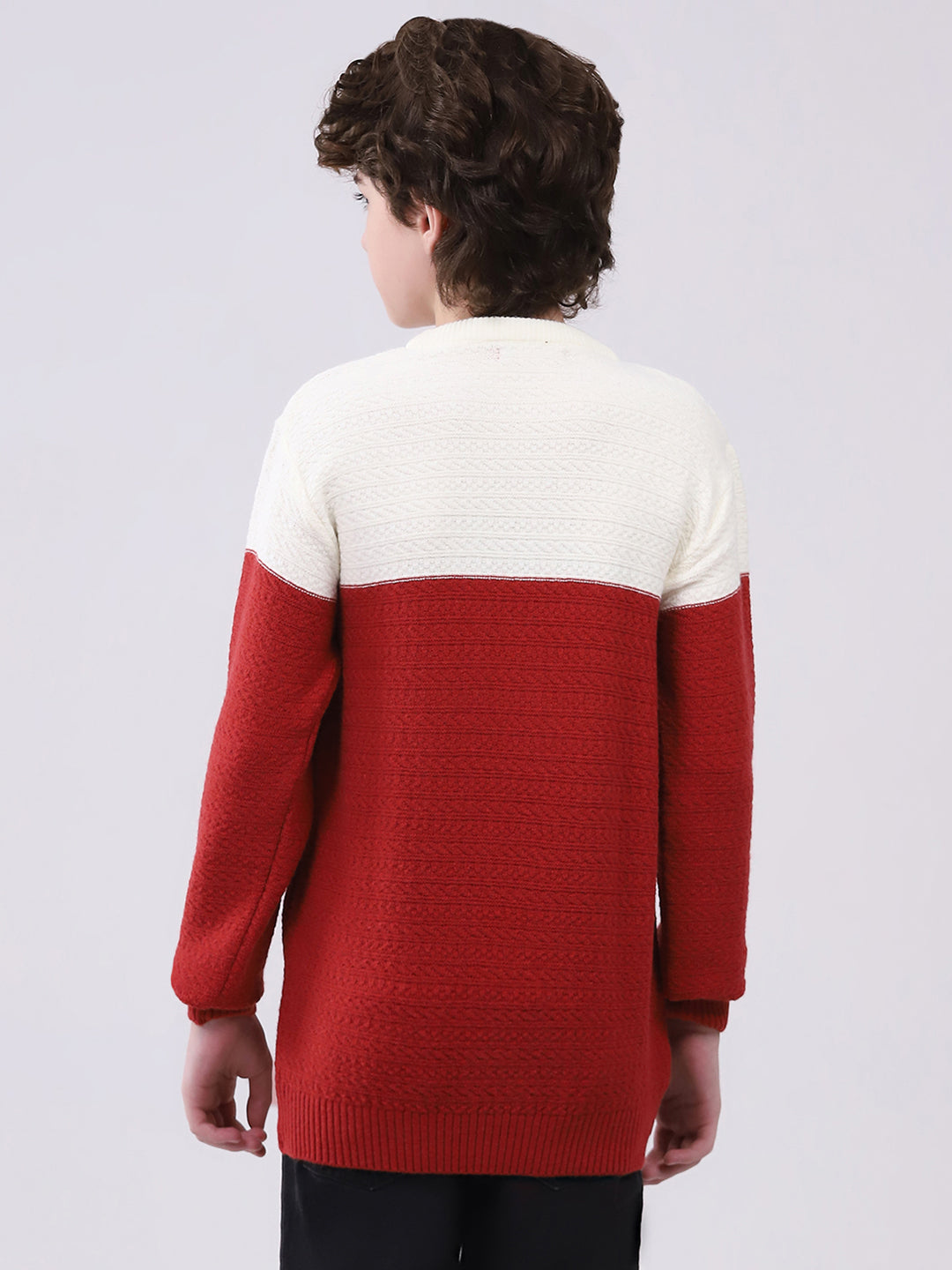 Boys Red Self Design Round Neck Full Sleeve Pullover