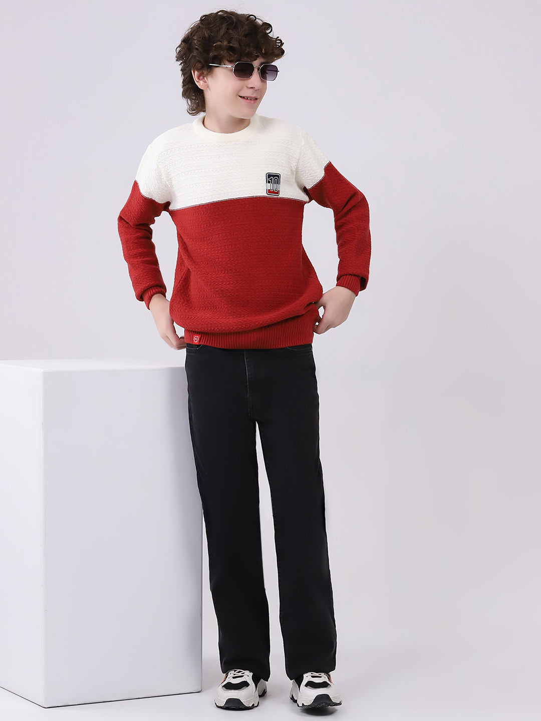 Boys Red Self Design Round Neck Full Sleeve Pullover