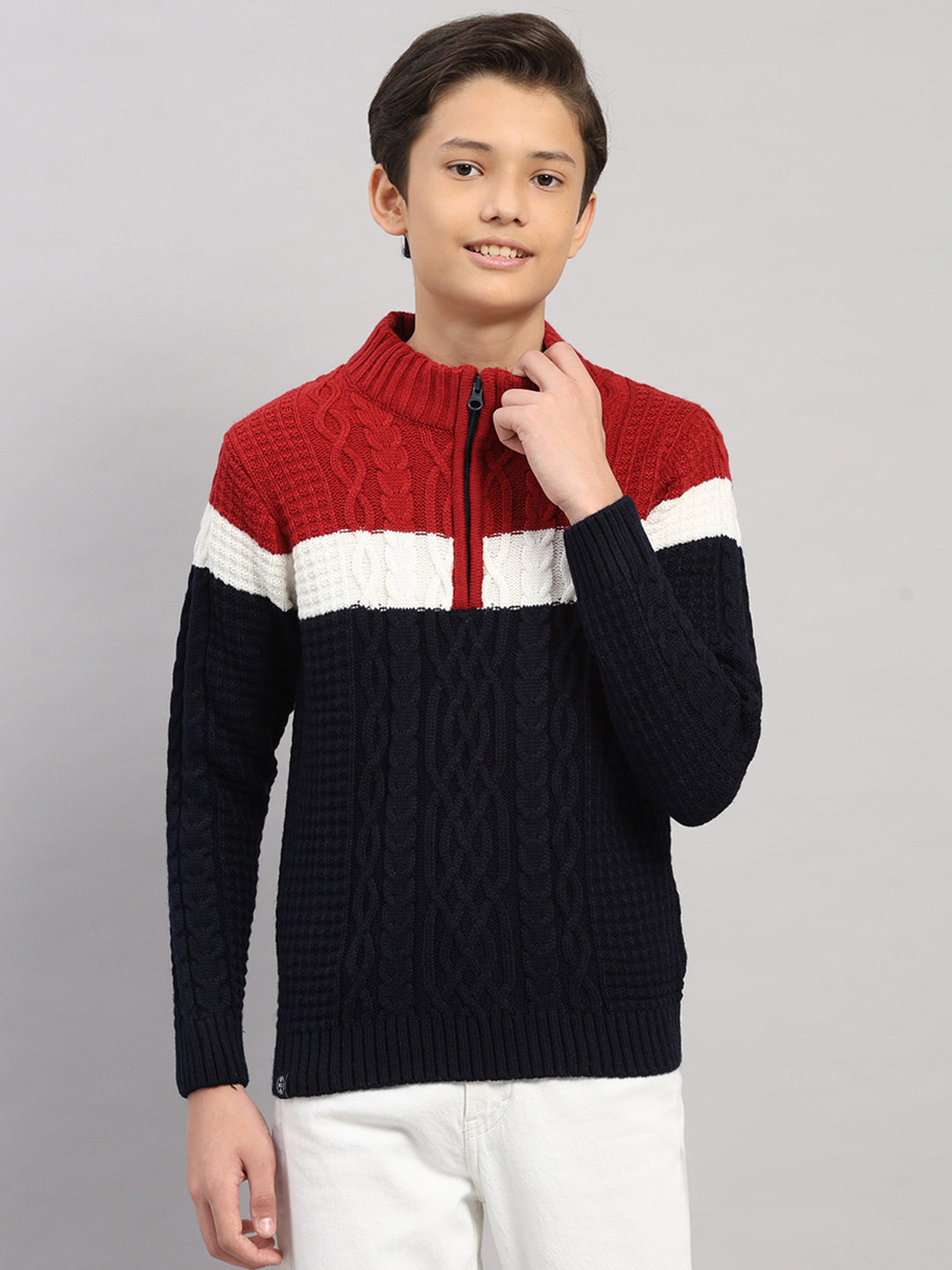 Boys Navy Blue Printed Collar Full Sleeve Pullover