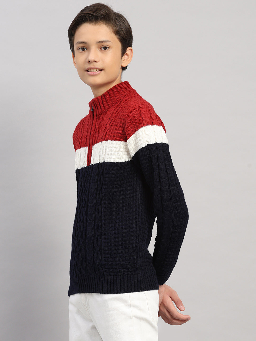 Boys Navy Blue Printed Collar Full Sleeve Pullover