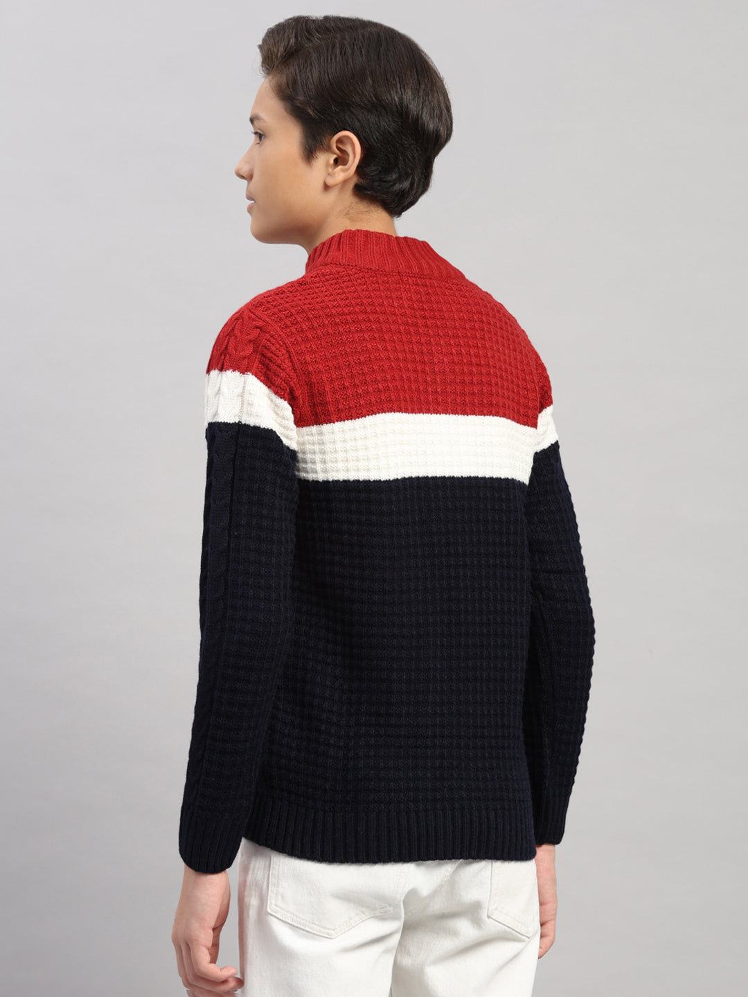Boys Navy Blue Printed Collar Full Sleeve Pullover