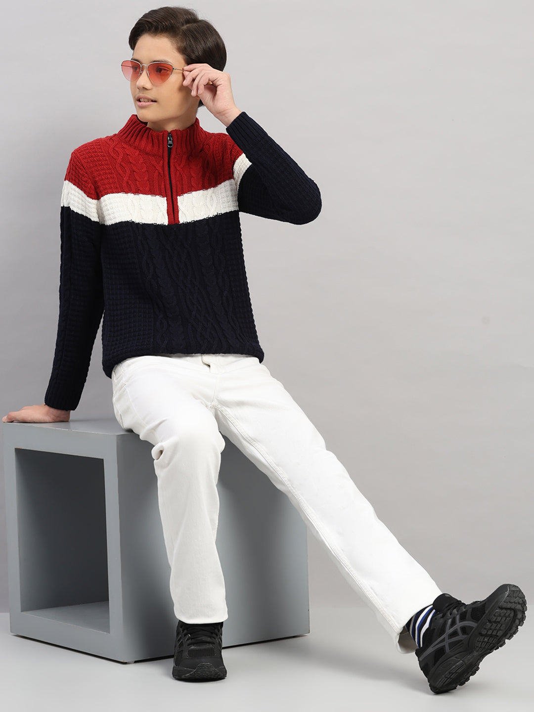 Boys Navy Blue Printed Collar Full Sleeve Pullover