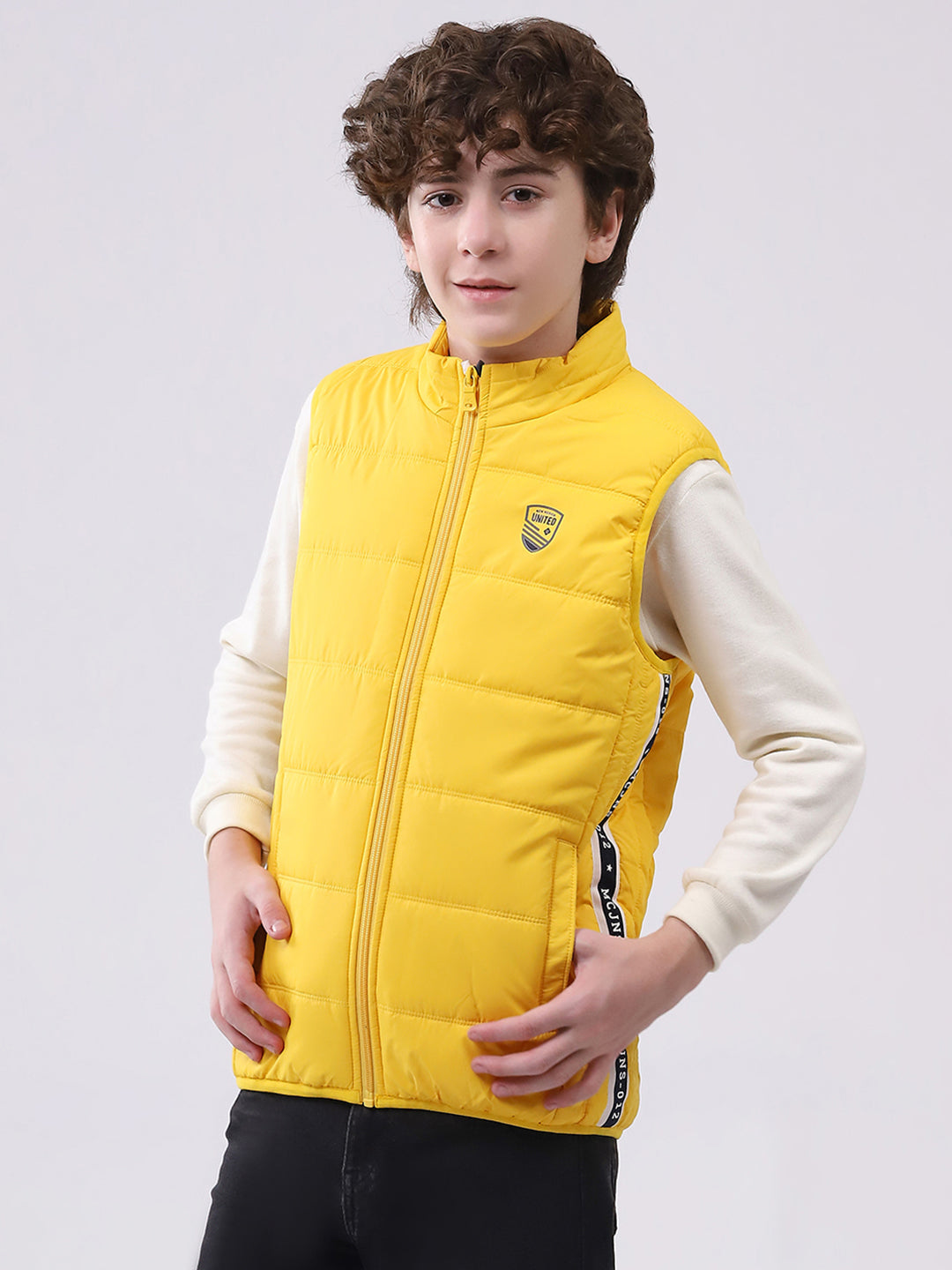 Boys Yellow Solid Mock Neck Sleeveless Boys Jacket