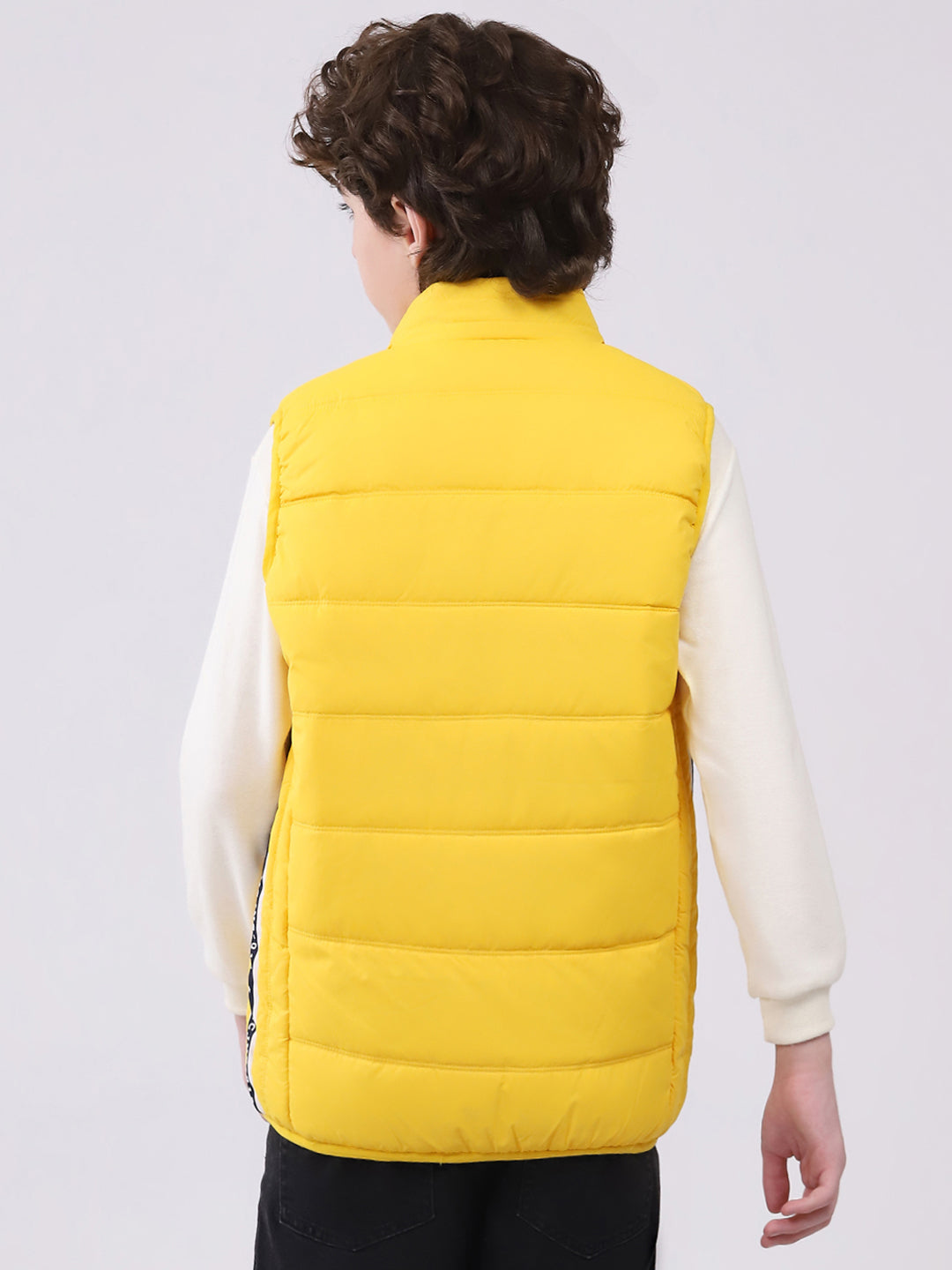 Boys Yellow Solid Mock Neck Sleeveless Boys Jacket
