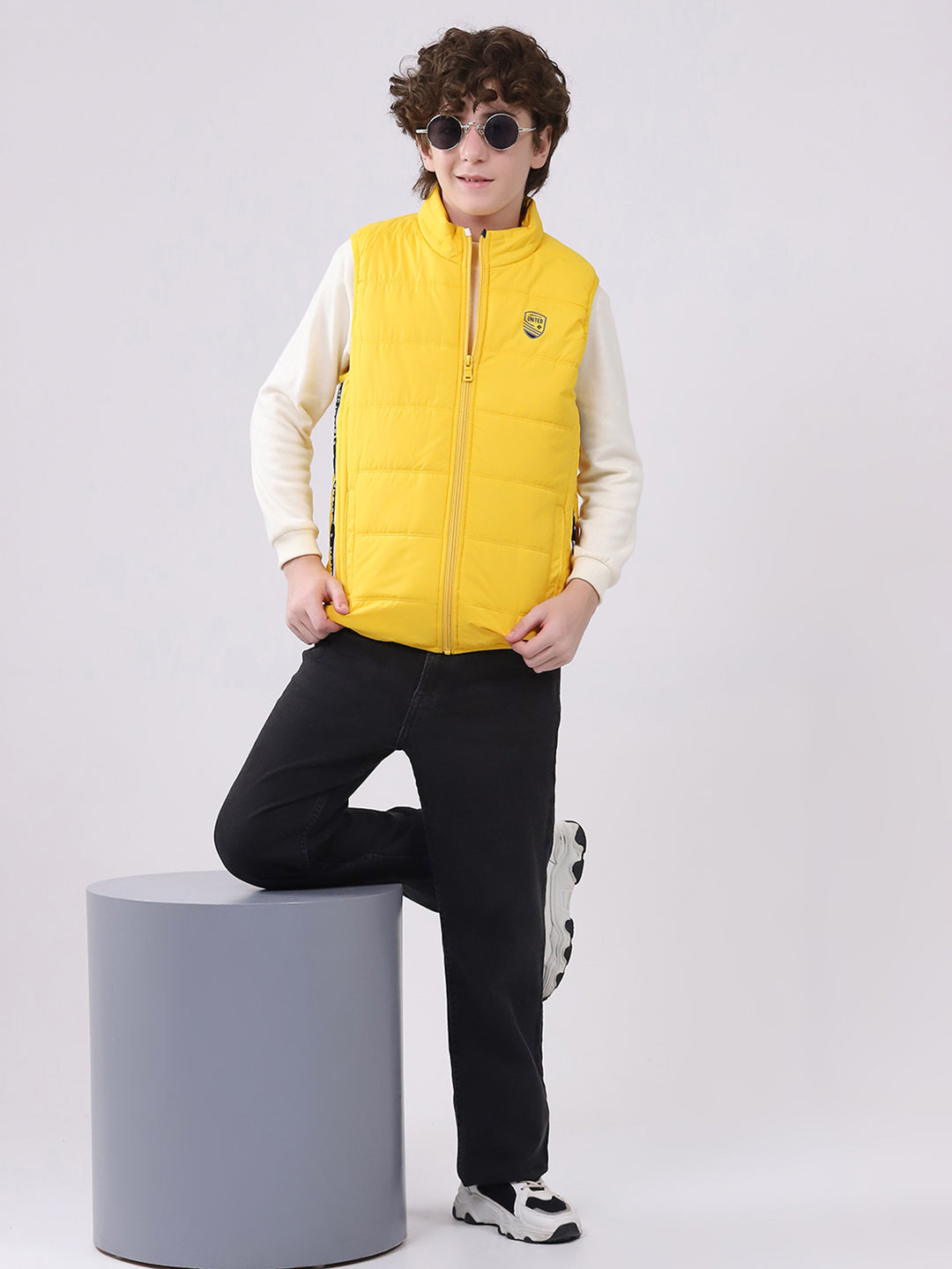Boys Yellow Solid Mock Neck Sleeveless Boys Jacket