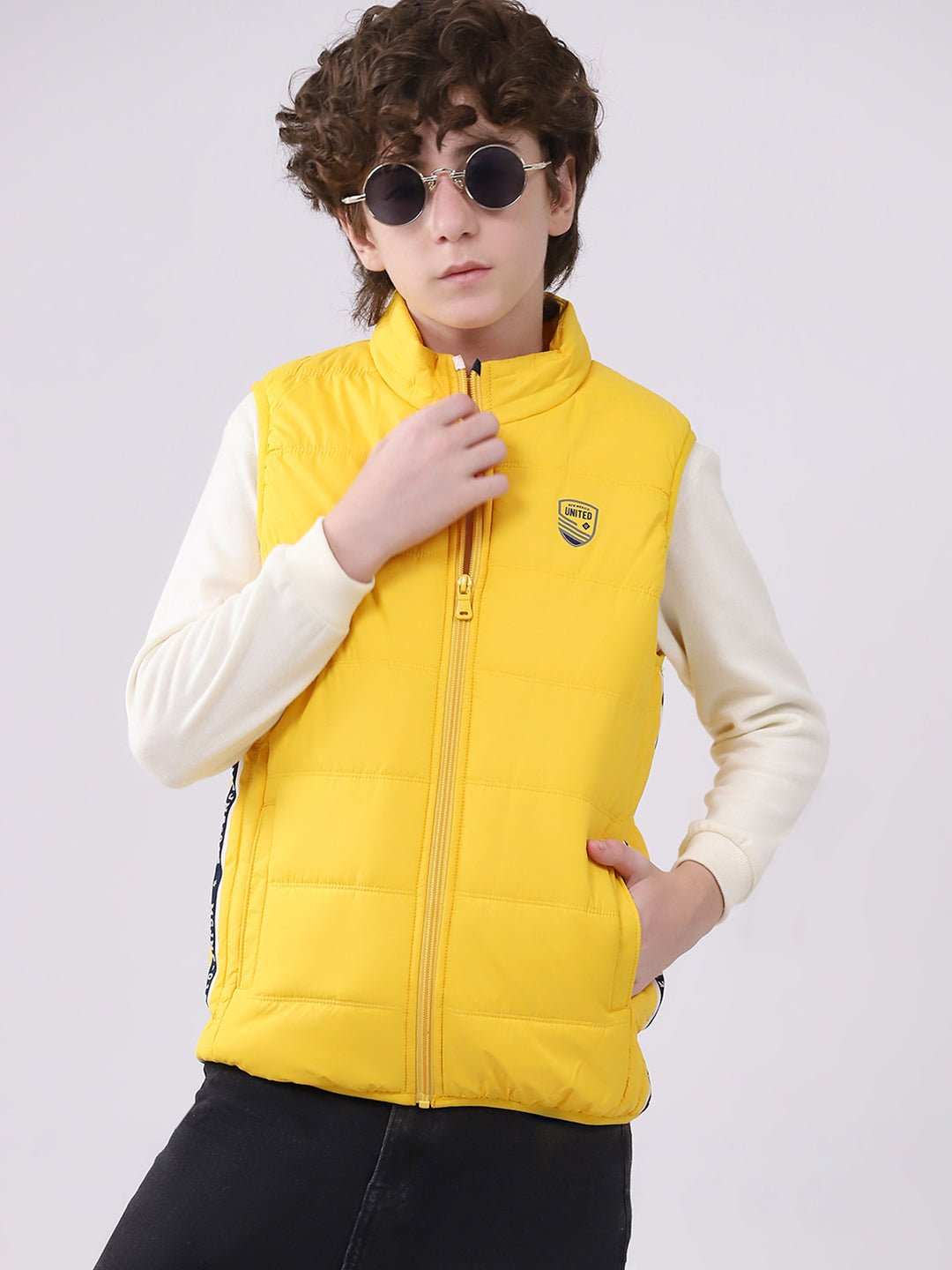 Boys Yellow Solid Mock Neck Sleeveless Boys Jacket