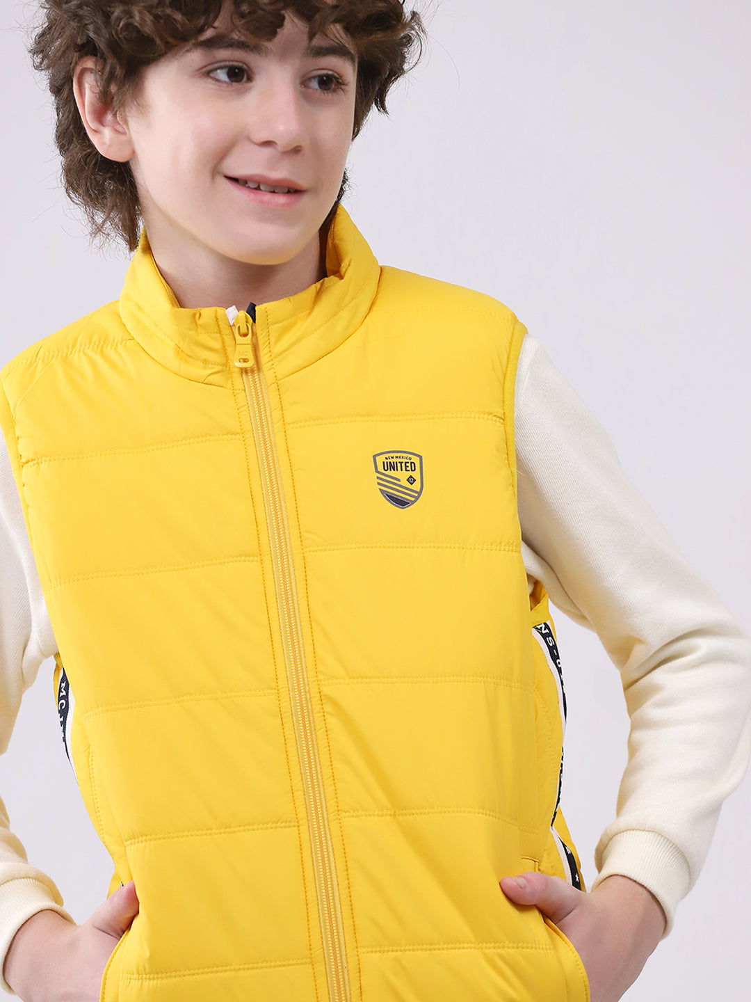 Boys Yellow Solid Mock Neck Sleeveless Boys Jacket