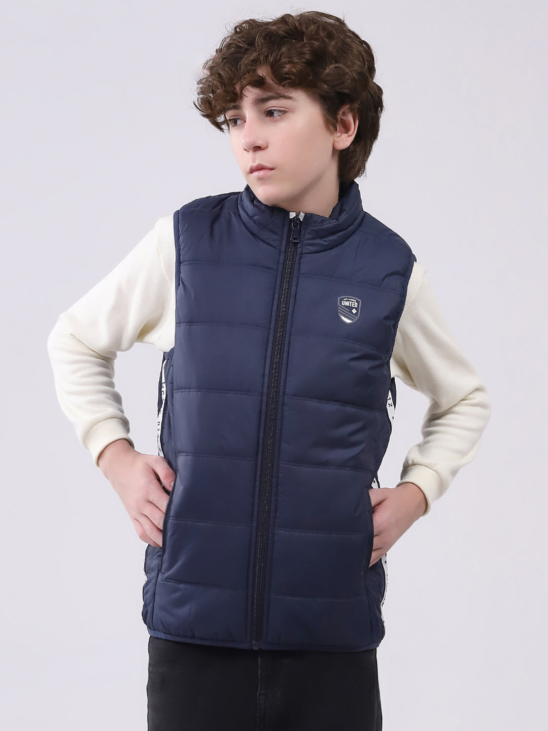 Boys Navy Blue Solid Mock Neck Sleeveless Boys Jacket