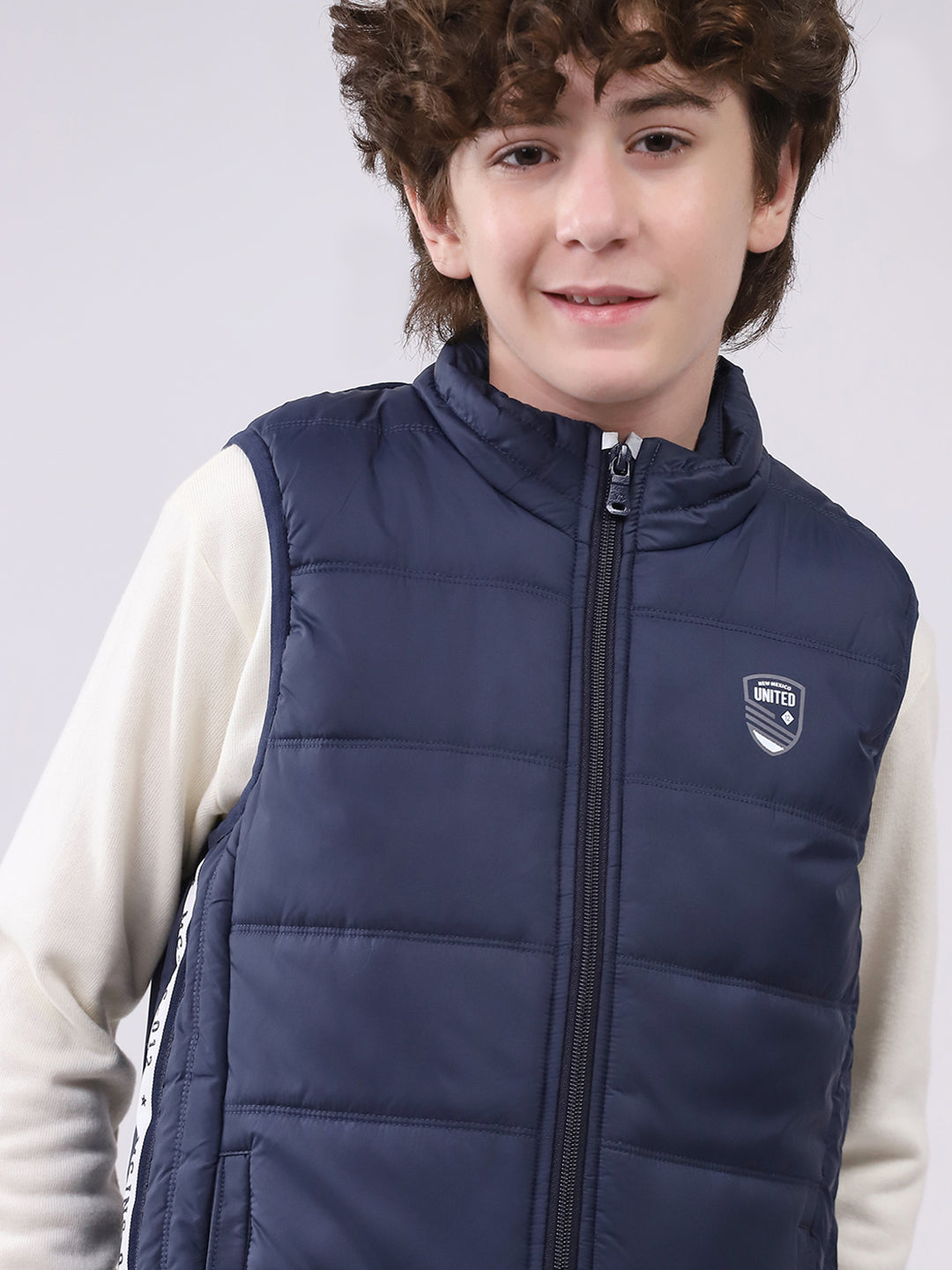 Boys Navy Blue Solid Mock Neck Sleeveless Boys Jacket