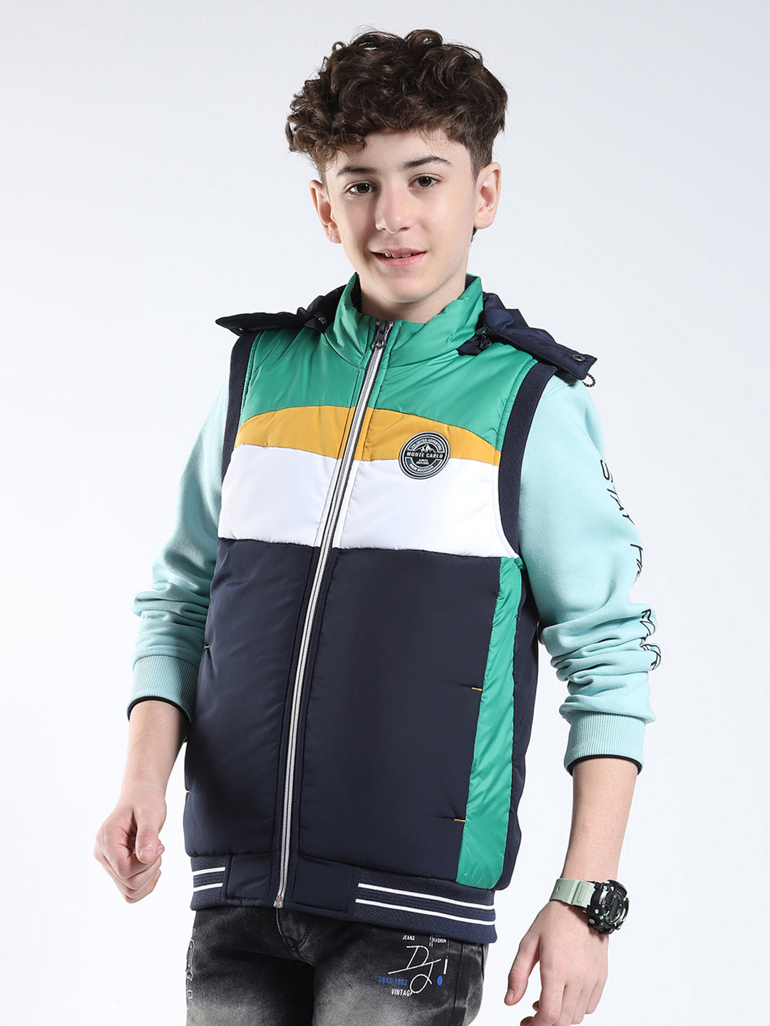 Boys Navy Blue Solid Hooded Sleeveless Jacket
