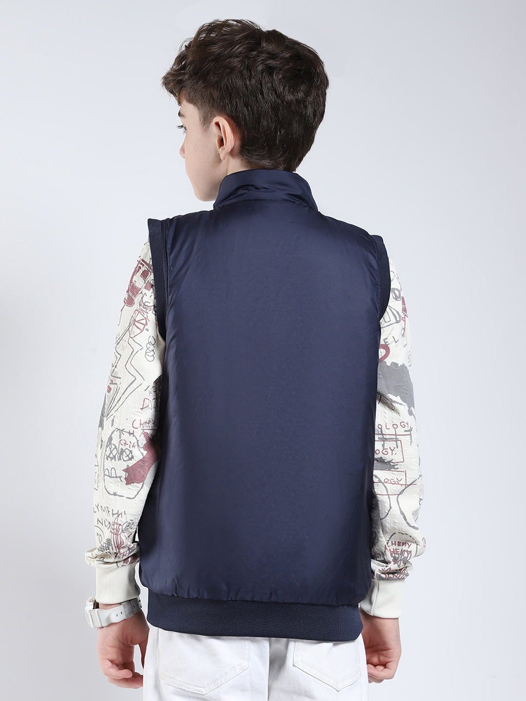 Boys White Printed Mock Neck Sleeveless Reversible Jacket