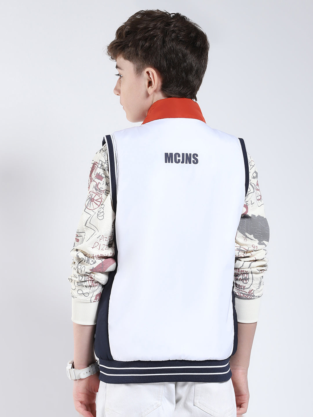 Boys White Printed Mock Neck Sleeveless Reversible Jacket