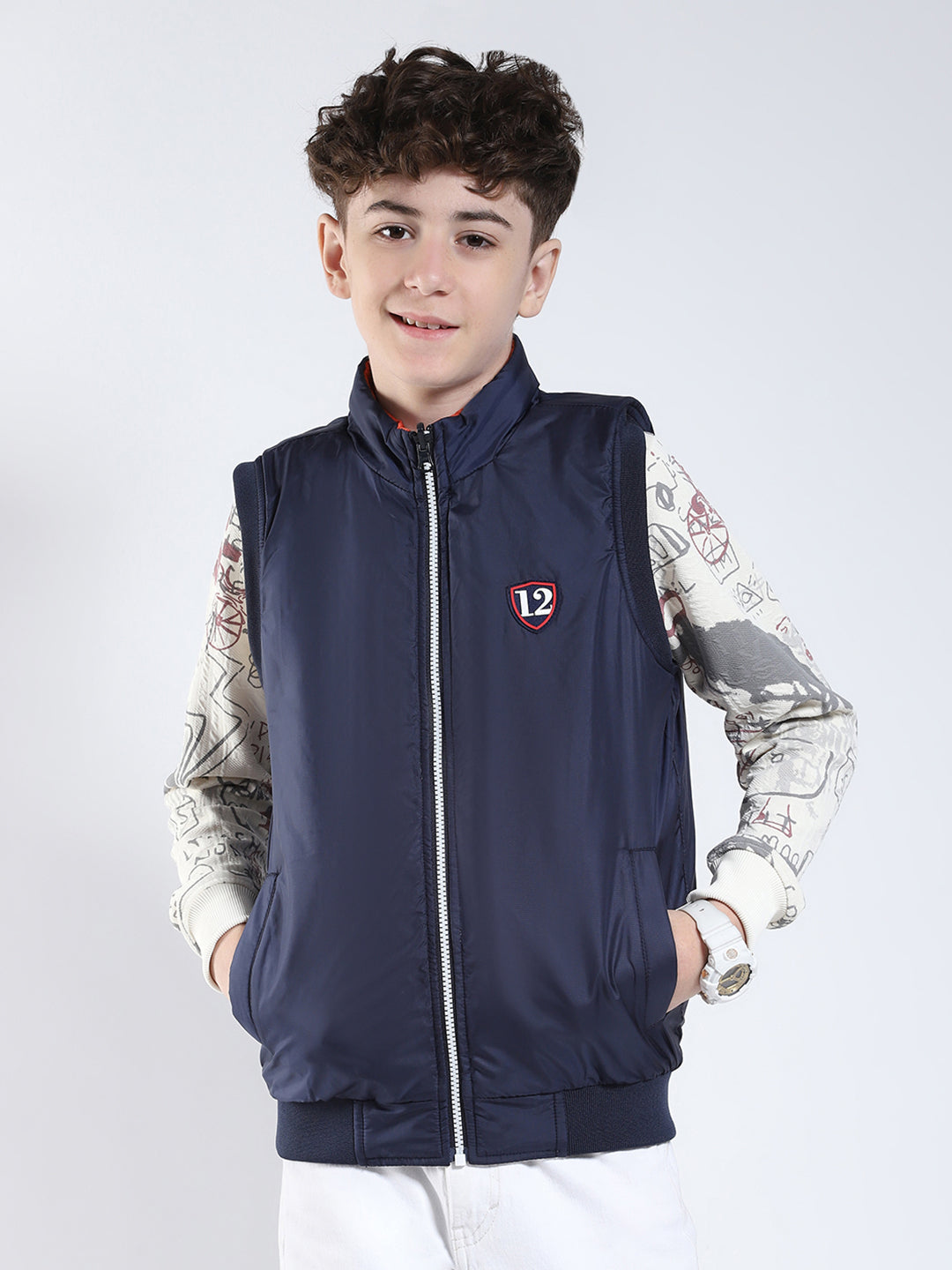 Boys White Printed Mock Neck Sleeveless Reversible Jacket
